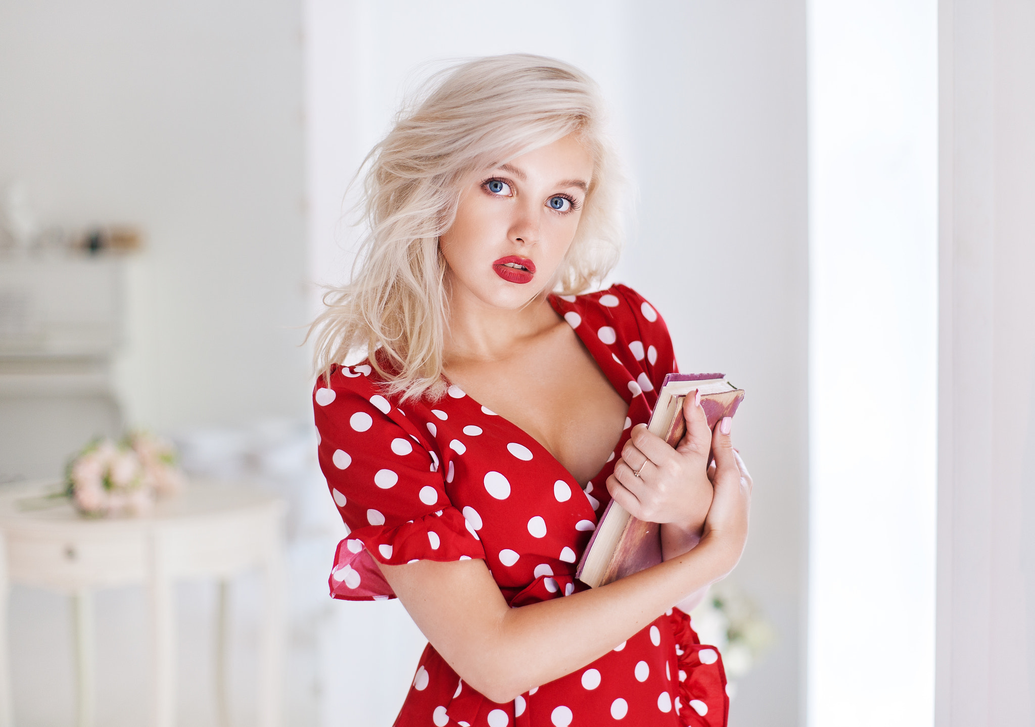 Women Maxim Maximov Christina Artemyeva Blue Eyes Polka Dots Red Dress Blonde Books Red Lipstick Pin 2048x1439