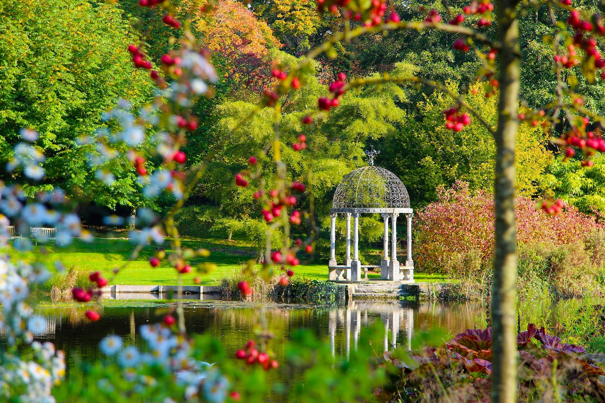 Park Summer Lake Reflection Gazebo Nature 2048x1365