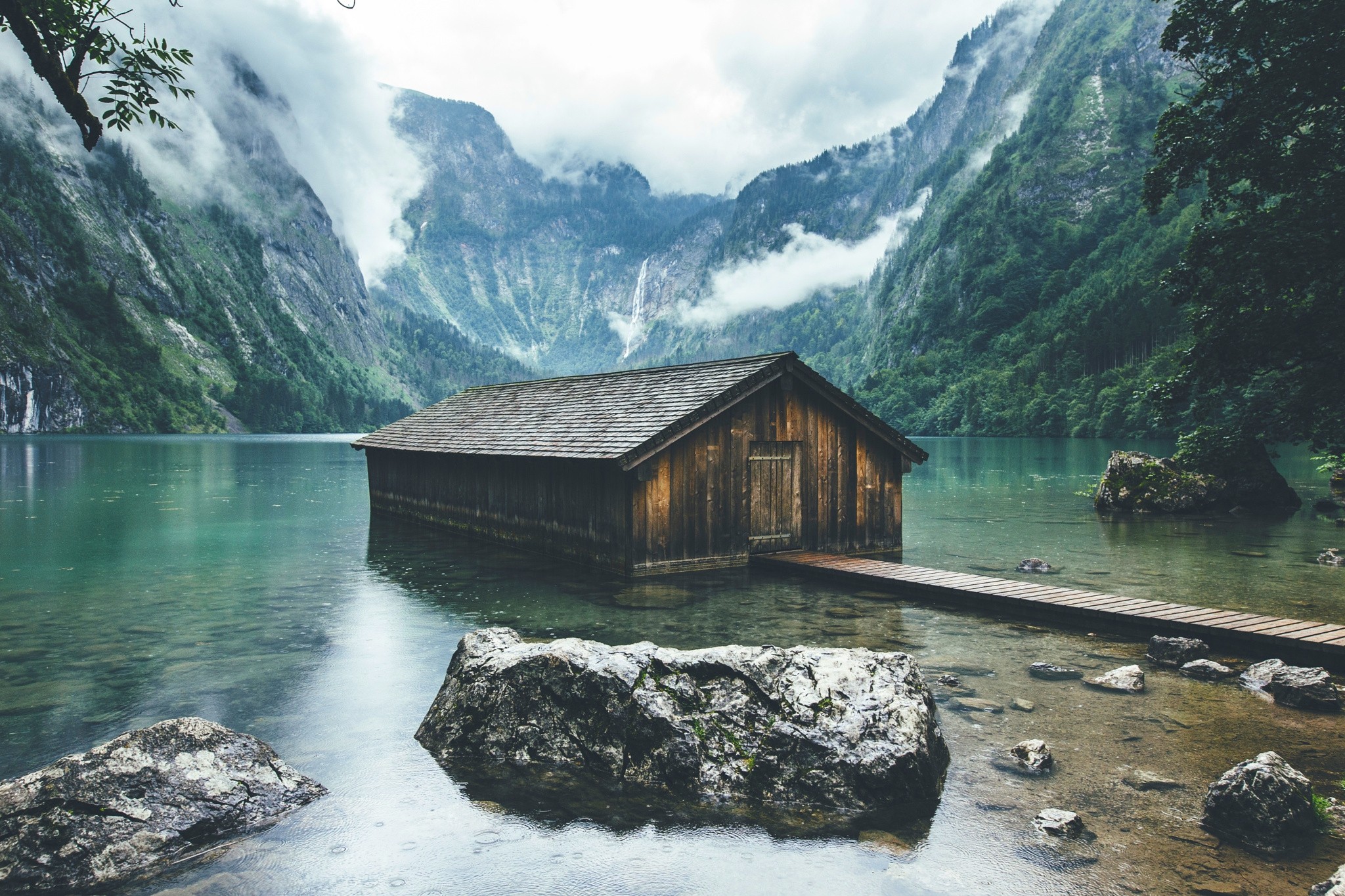 Nature Landscape Lake Boathouses Germany Mountains Forest Clouds Berchtesgaden National Park 2048x1365