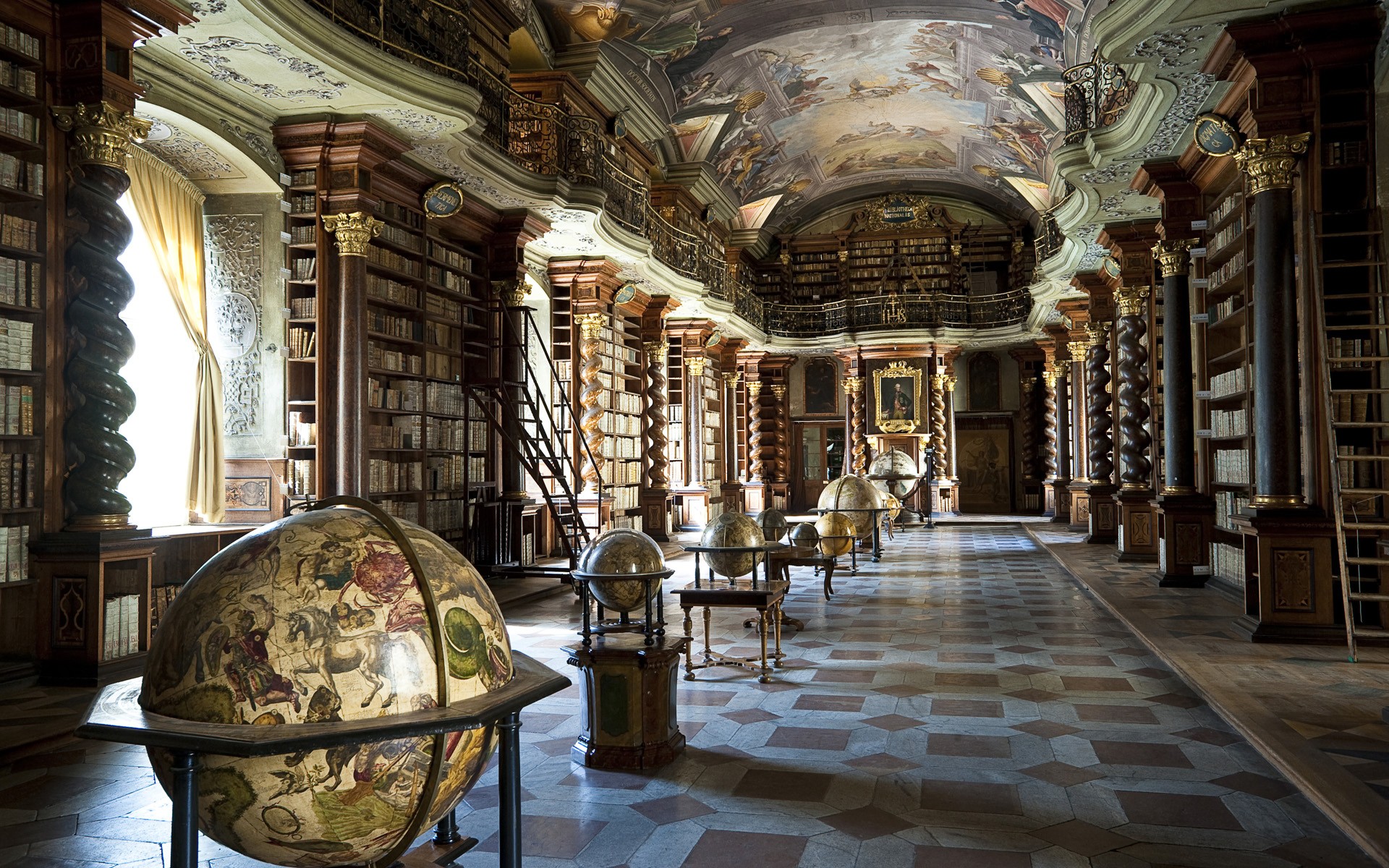 Books Library Globes Tiles Shelves Architecture Interior Window Sunlight Pillar Prague Czech Republi 1920x1200