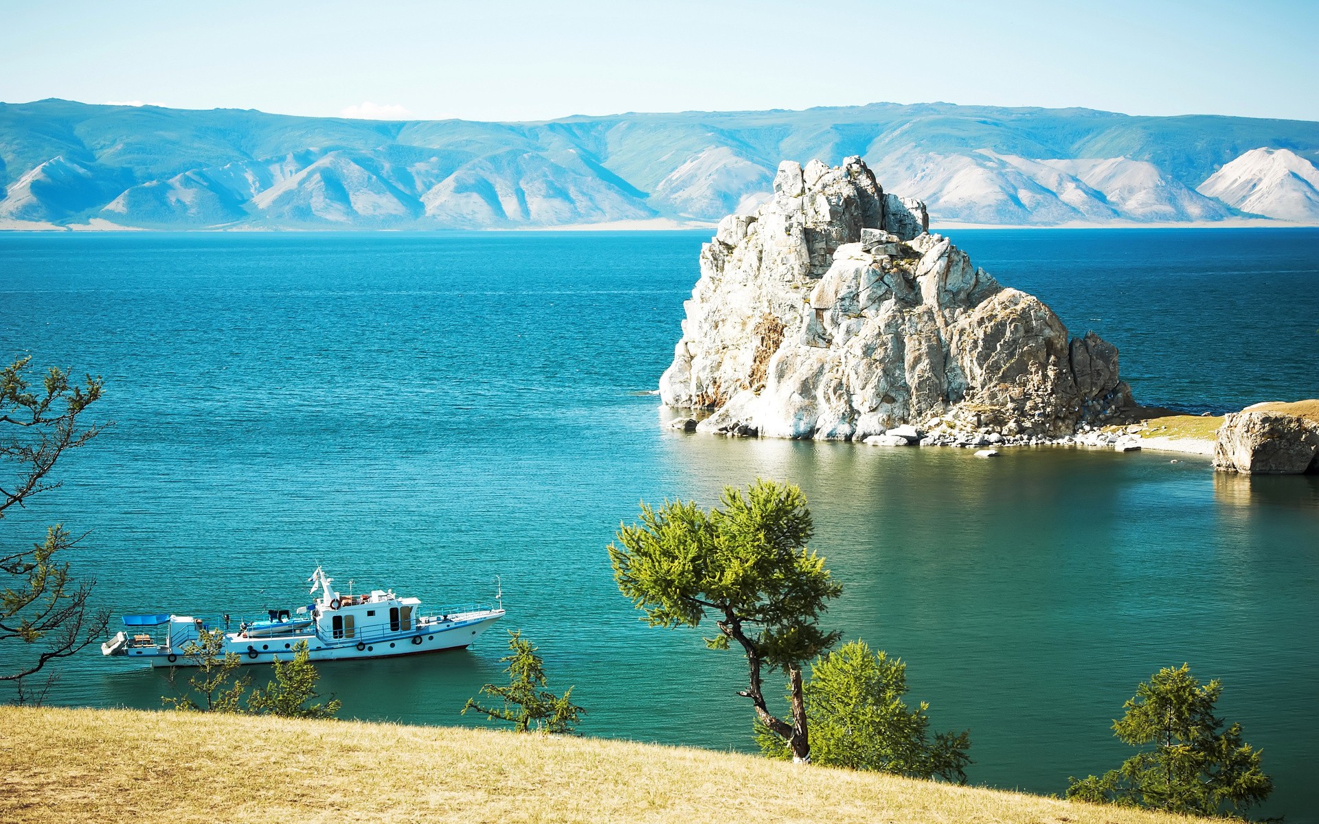 Nature Lake Baikal Landscape Mountains Coast Rocks Vessel 1920x1200