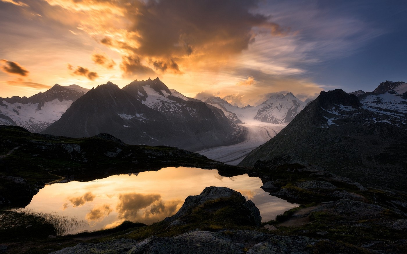 Nature Landscape Mountains Glaciers Switzerland Sky Clouds Reflection Snowy Peak Sunset 1400x875