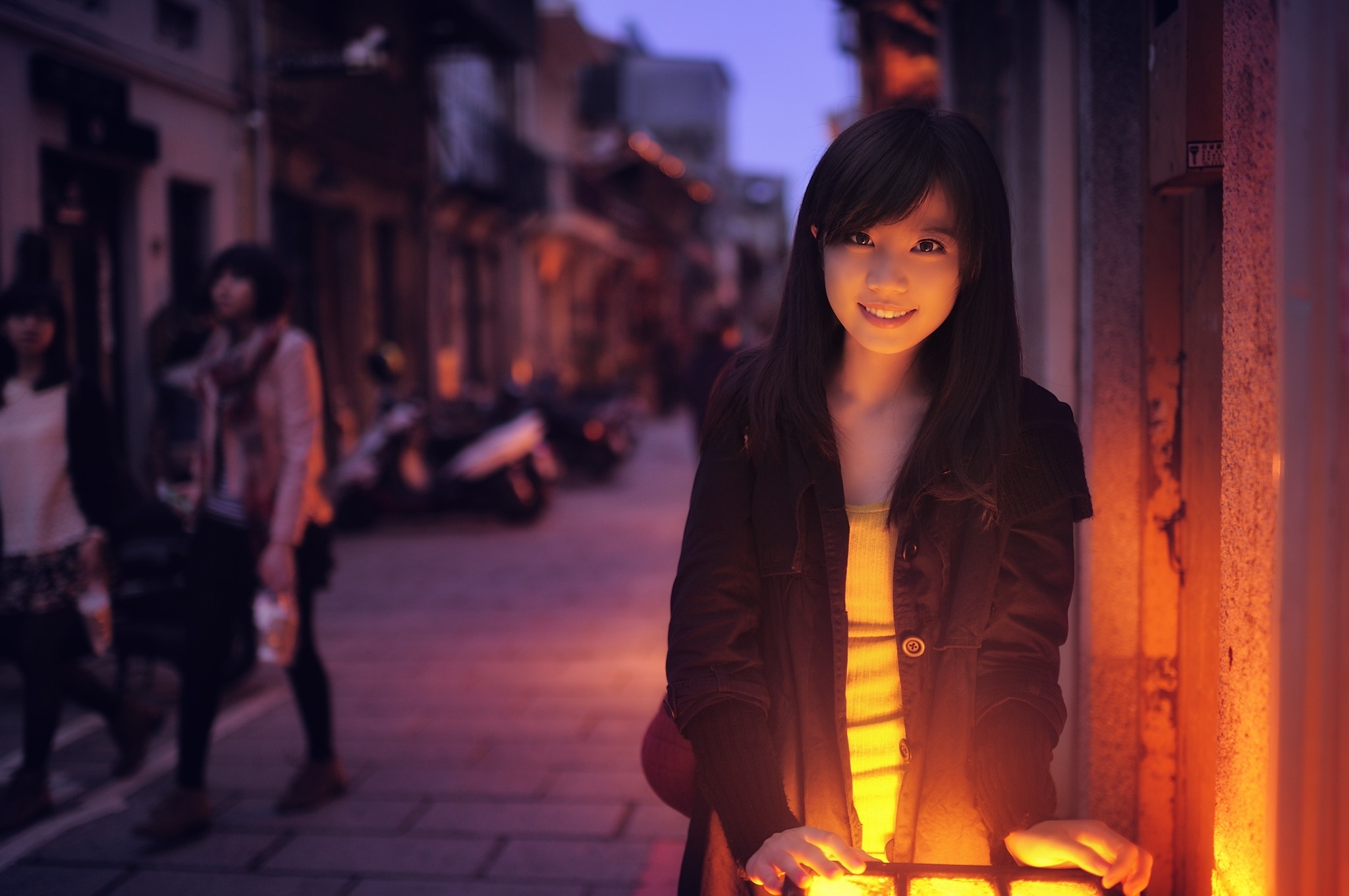 Brunette Smiling Artificial Lights Long Hair 2048x1361