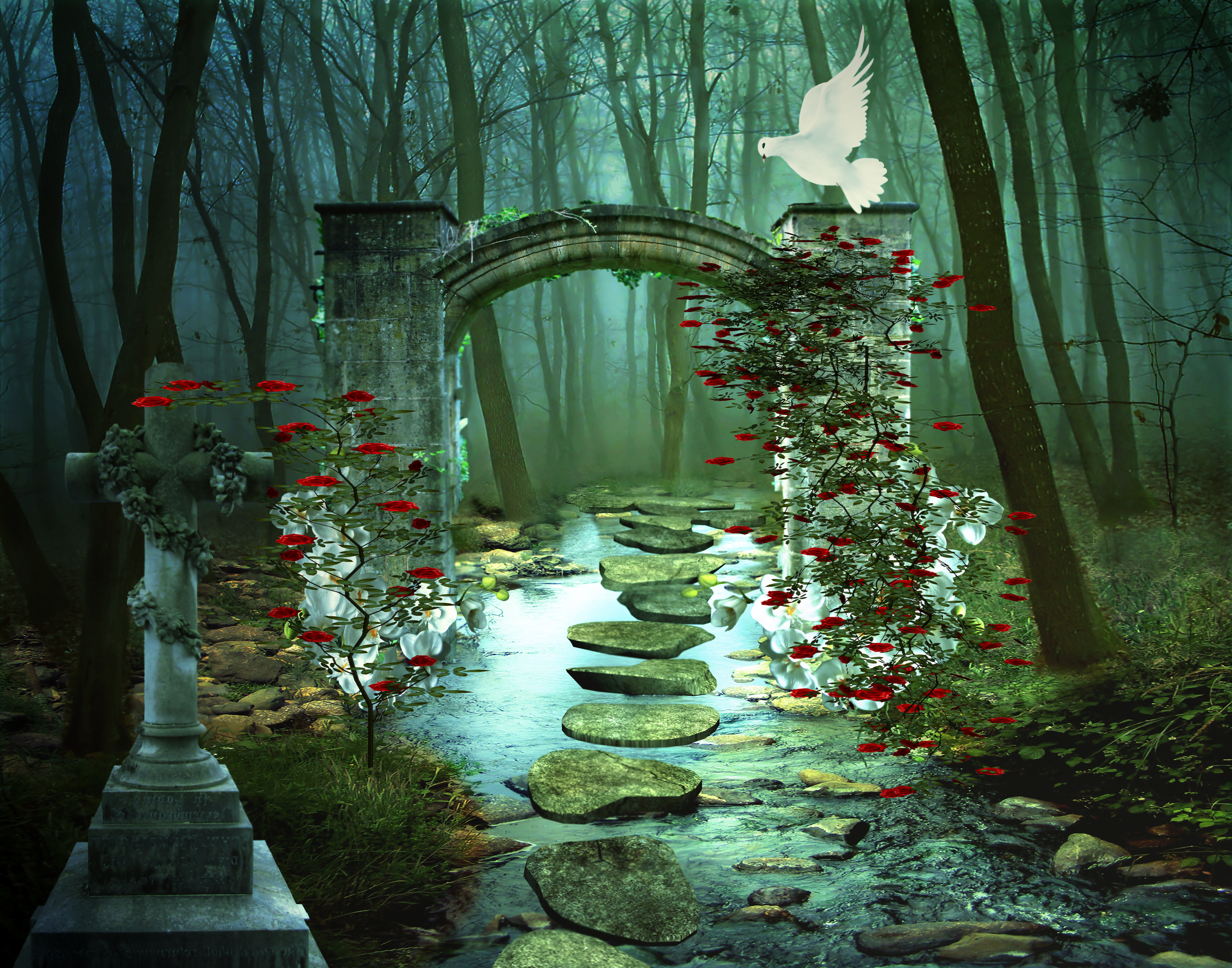 Artistic Forest Magical Stone Arch Columns Dove Red Rose 4200x3300