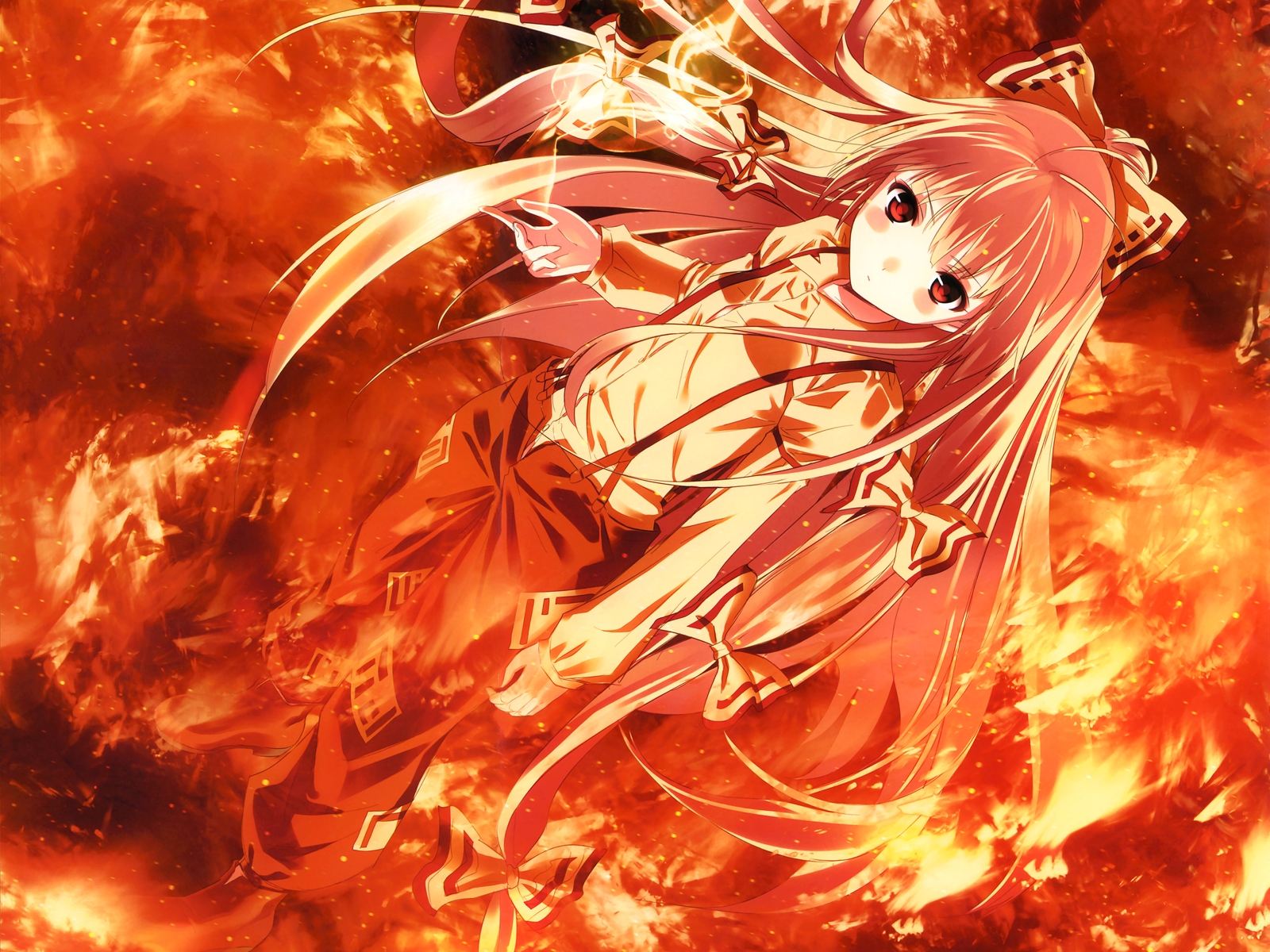 Touhou Shrine Maiden Fujiwara No Mokou Fire Flame Red Eyes 1600x1200