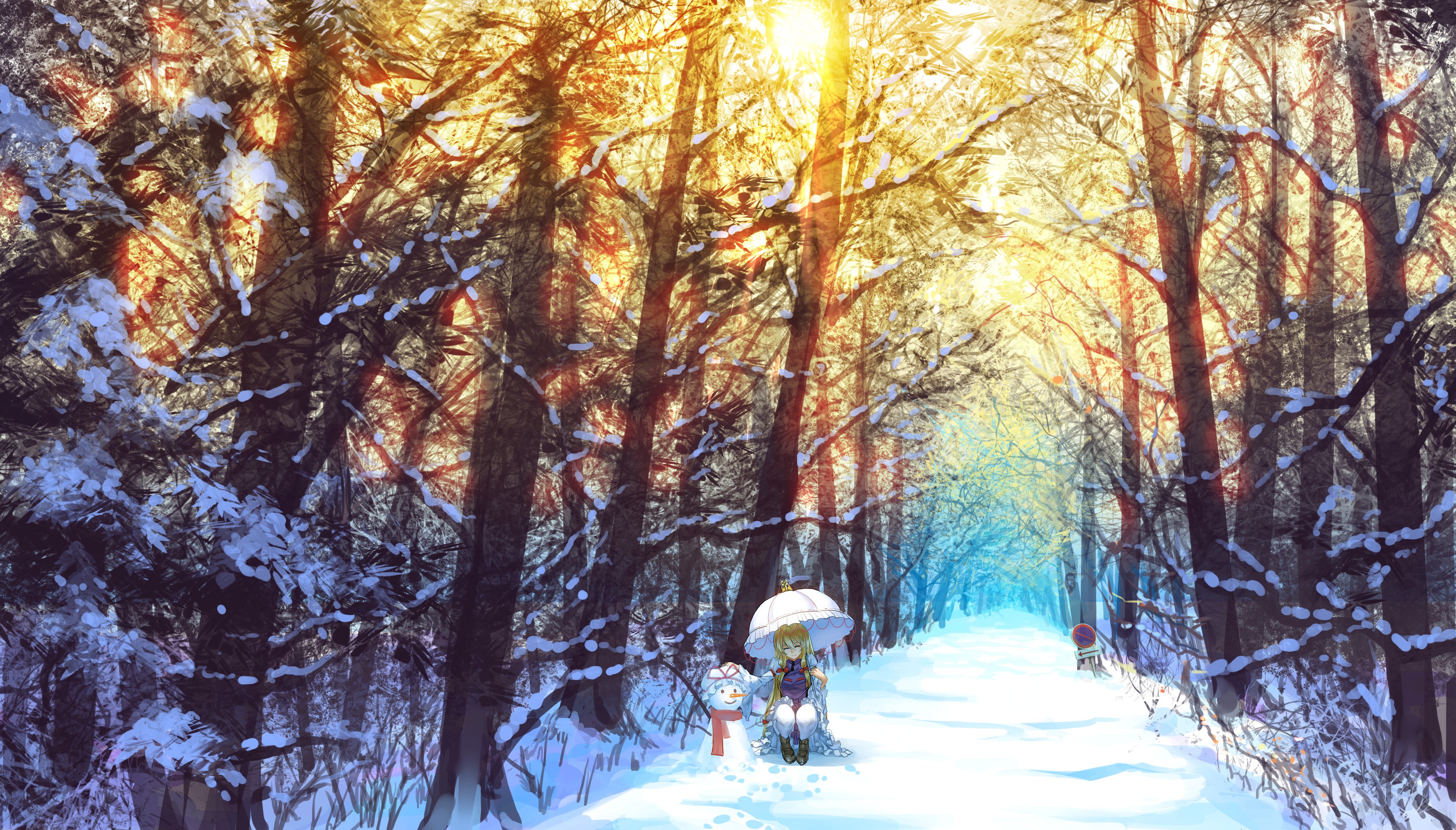 Yakumo Yukari Touhou Snow Winter Umbrella Trees Anime Girls Anime 3900x2223