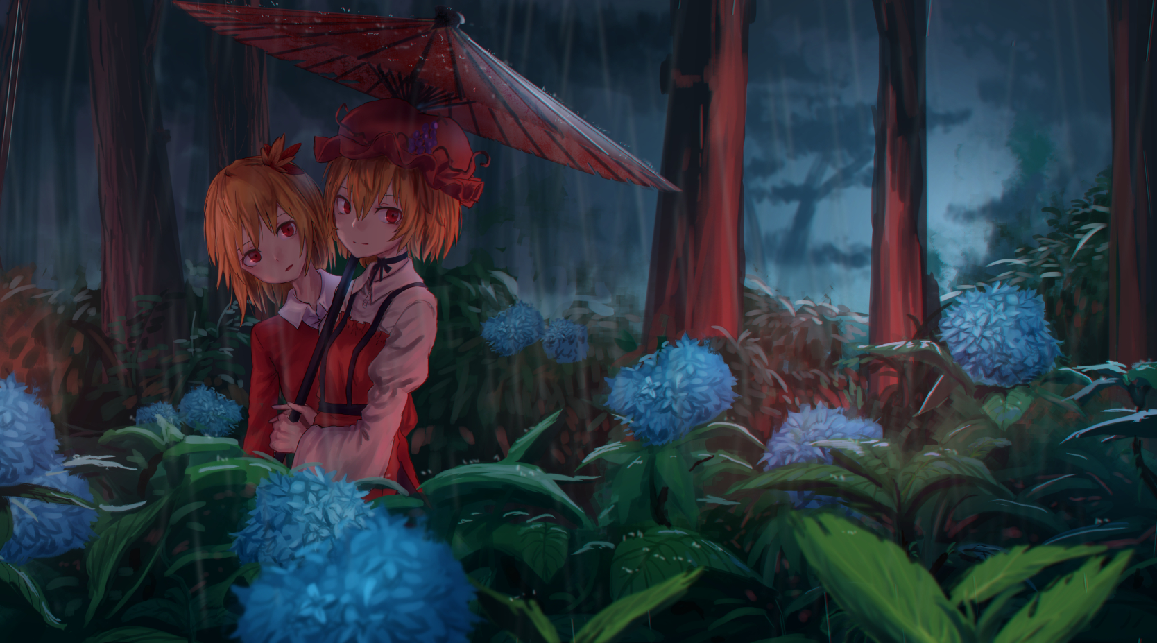 Minoriko Aki Touhou Shizuha Aki Anime Girls Umbrella Red Eyes Plants Nature Flowers Blue Flowers 1668x927