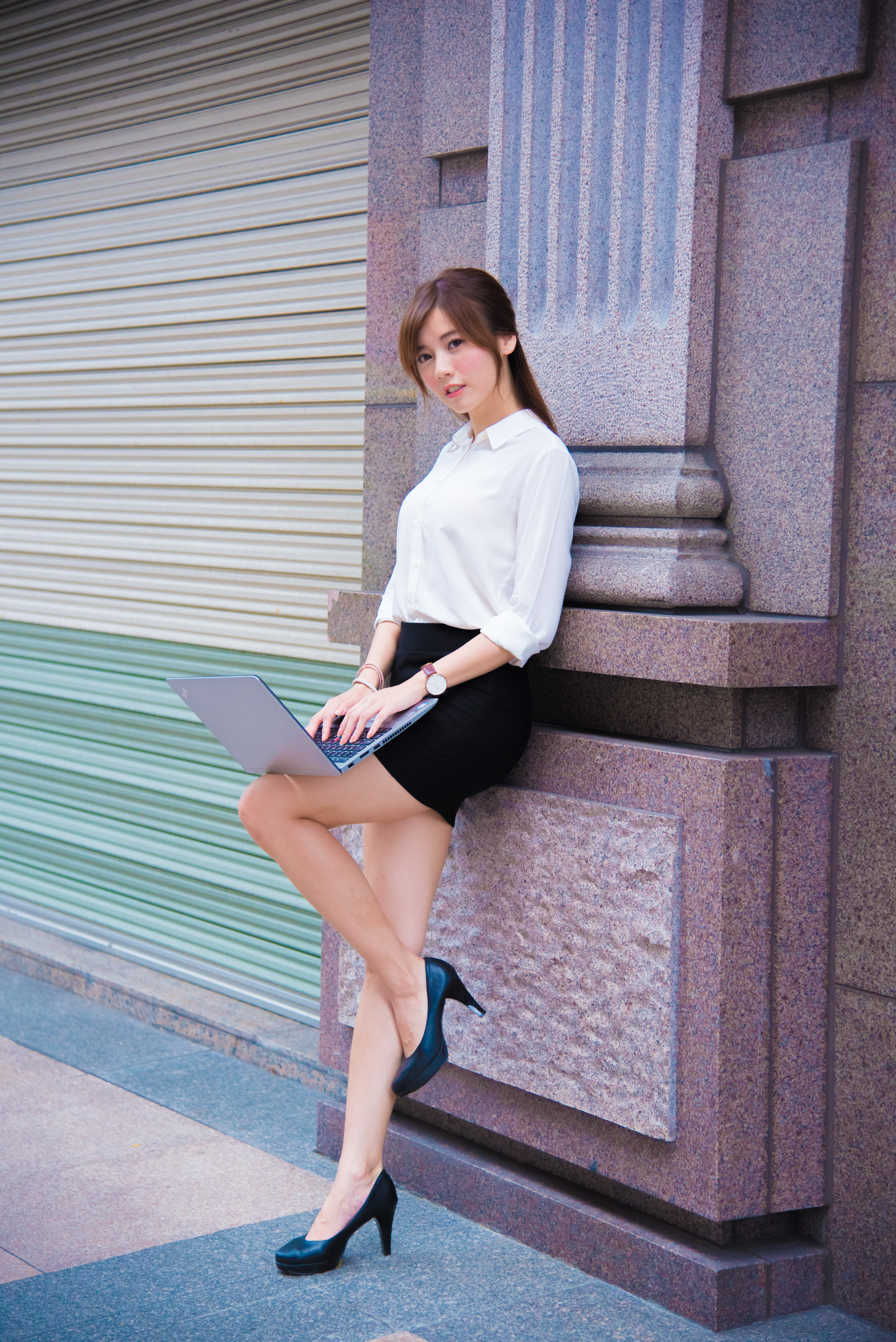Women Model Asian Brunette Heels Office Uniform Black Skirts White Shirt Office Girl Long Hair 4016x6016