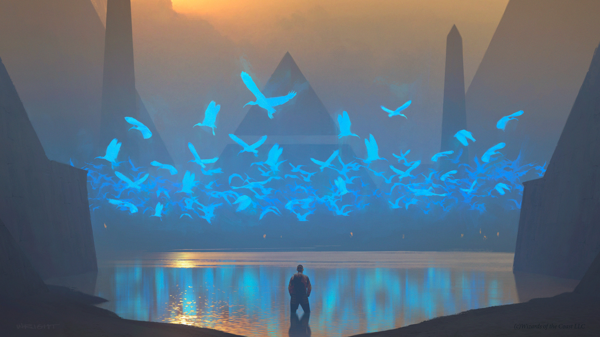 Lake Cranes Bird Pyramid Fantasy Art Mountains Mist Reflection Magic The Gathering Cyan 1920x1080