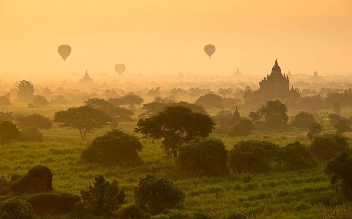 Nature Landscape Sunlight Morning Hot Air Balloons Mist Myanmar Grass Trees Temple Buddhism 1230x768