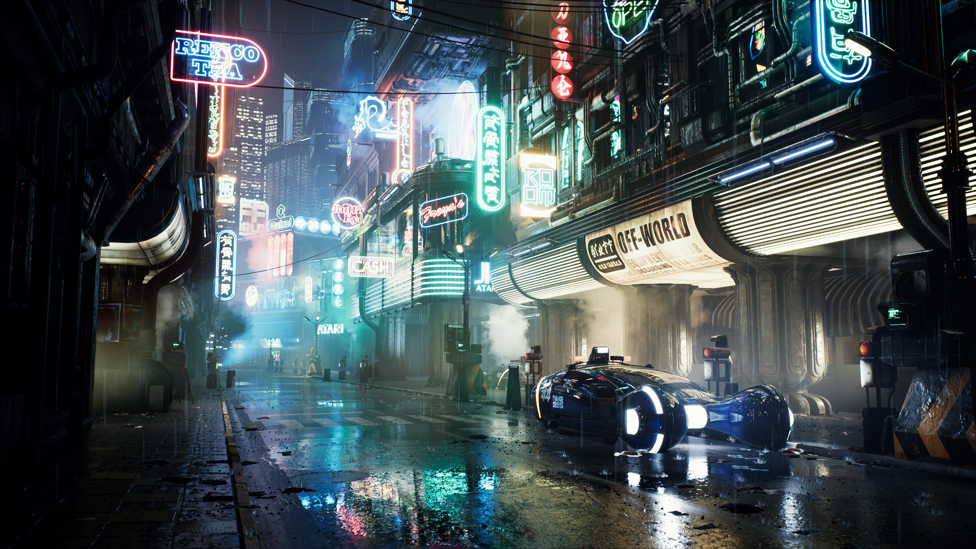 Cyberpunk Bladerunner Rain Neon Lights Futuristic City Wet Street Neon Cyan 1920x1080