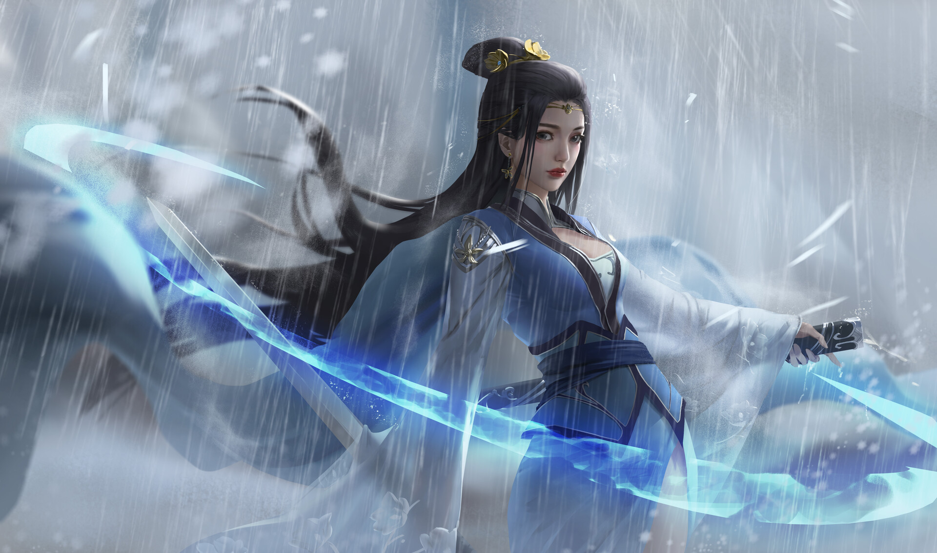 Allen Hsieh Drawing Women Dark Hair Asian Hair Accessories Weapon Sword Blue Clothing Dress Chinese  1920x1133