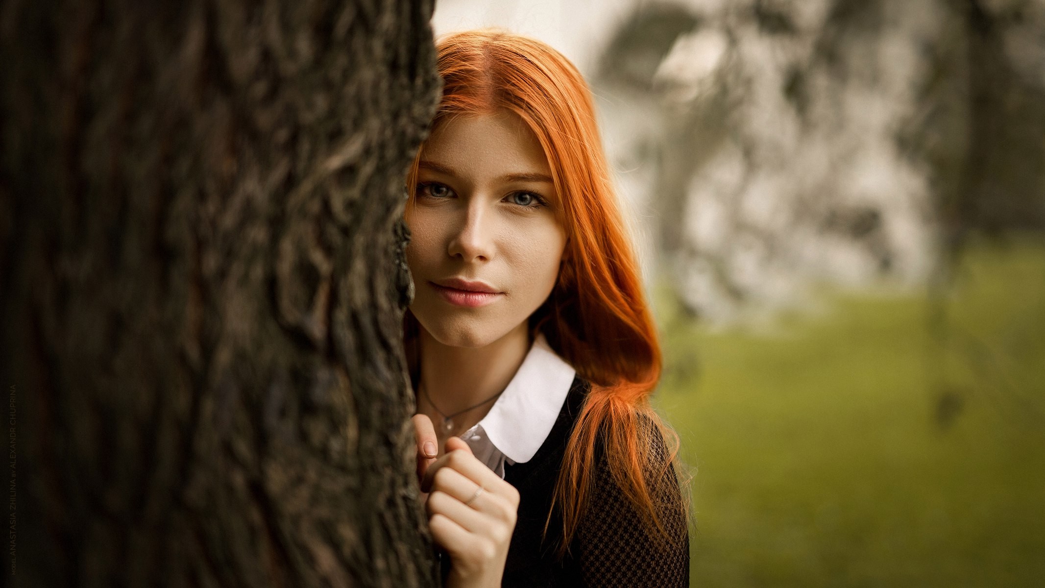 Women Portrait Anastasia Zhilina Redhead Women Outdoors Depth Of Field Face Trees Alexandr Chuprina  2133x1200