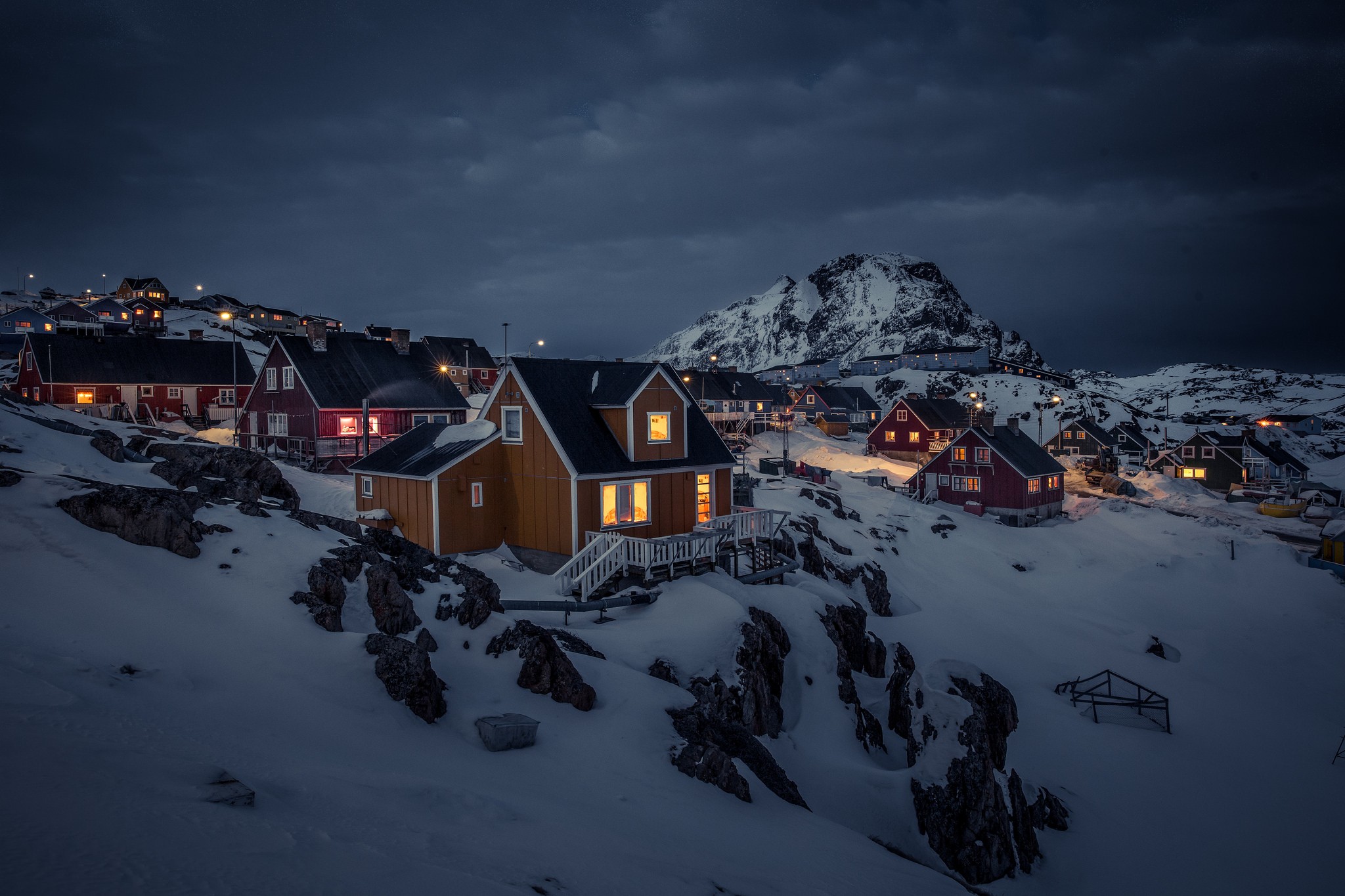 Greenland Night House Landscape Lights Town Snow Overcast Mountains Dark Winter 2048x1365