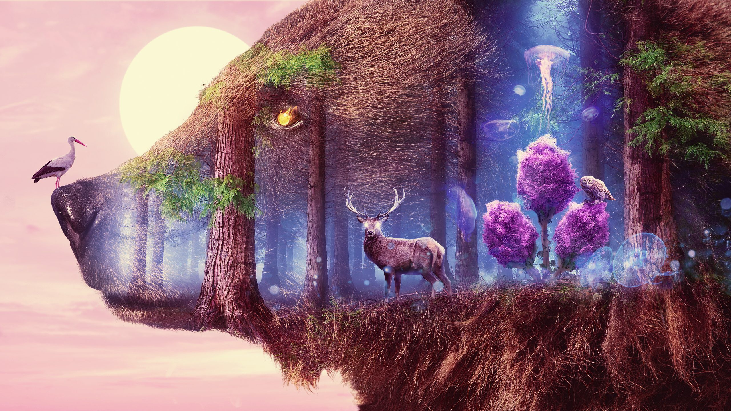 Abstract Grizzly Bear Deer Forest Medusa Owl Stork 2560x1440