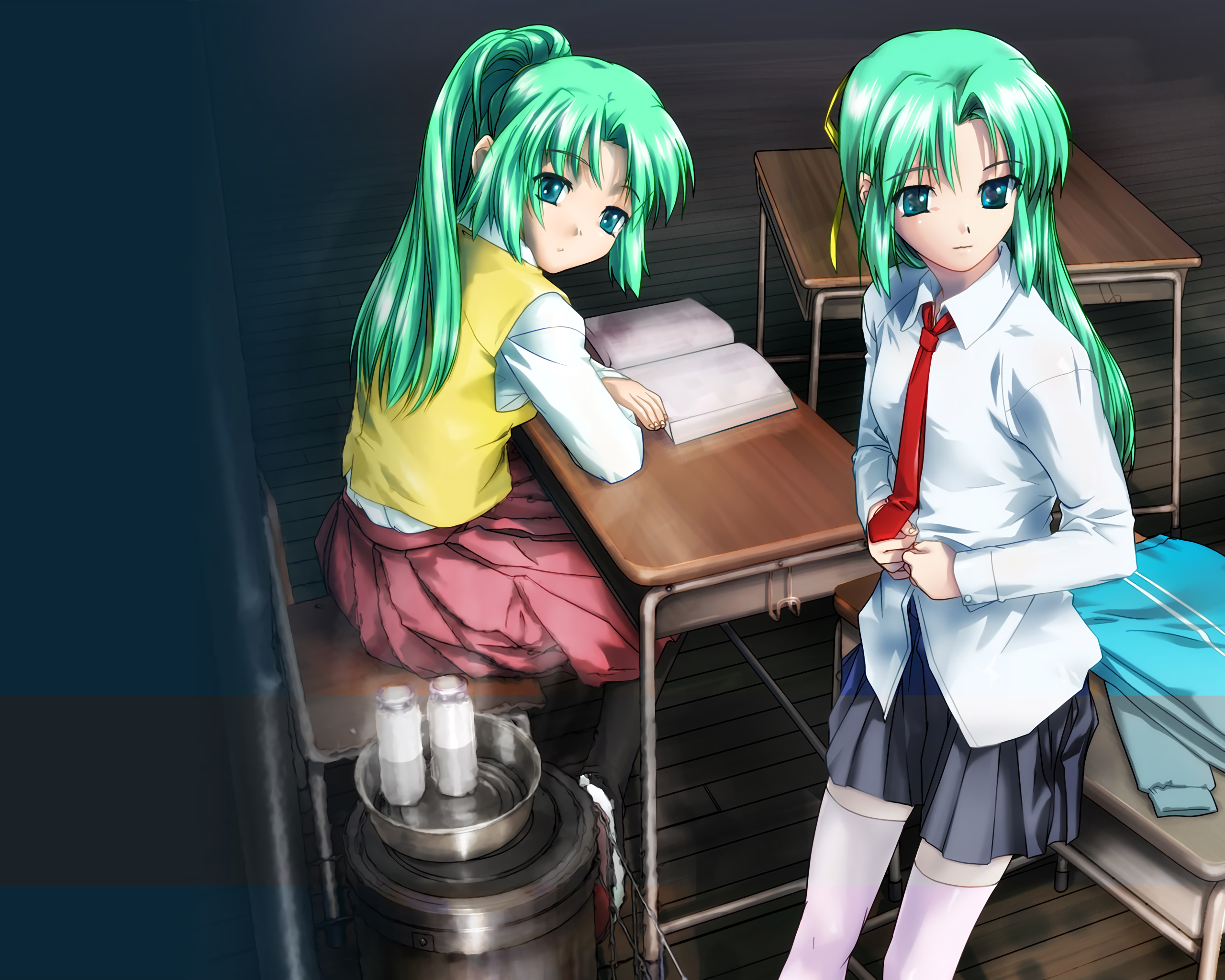 When They Cry Sonozaki Shion Sonozaki Mion Green Hair Twins Anime Girl School Uniform Tie 2560x2048