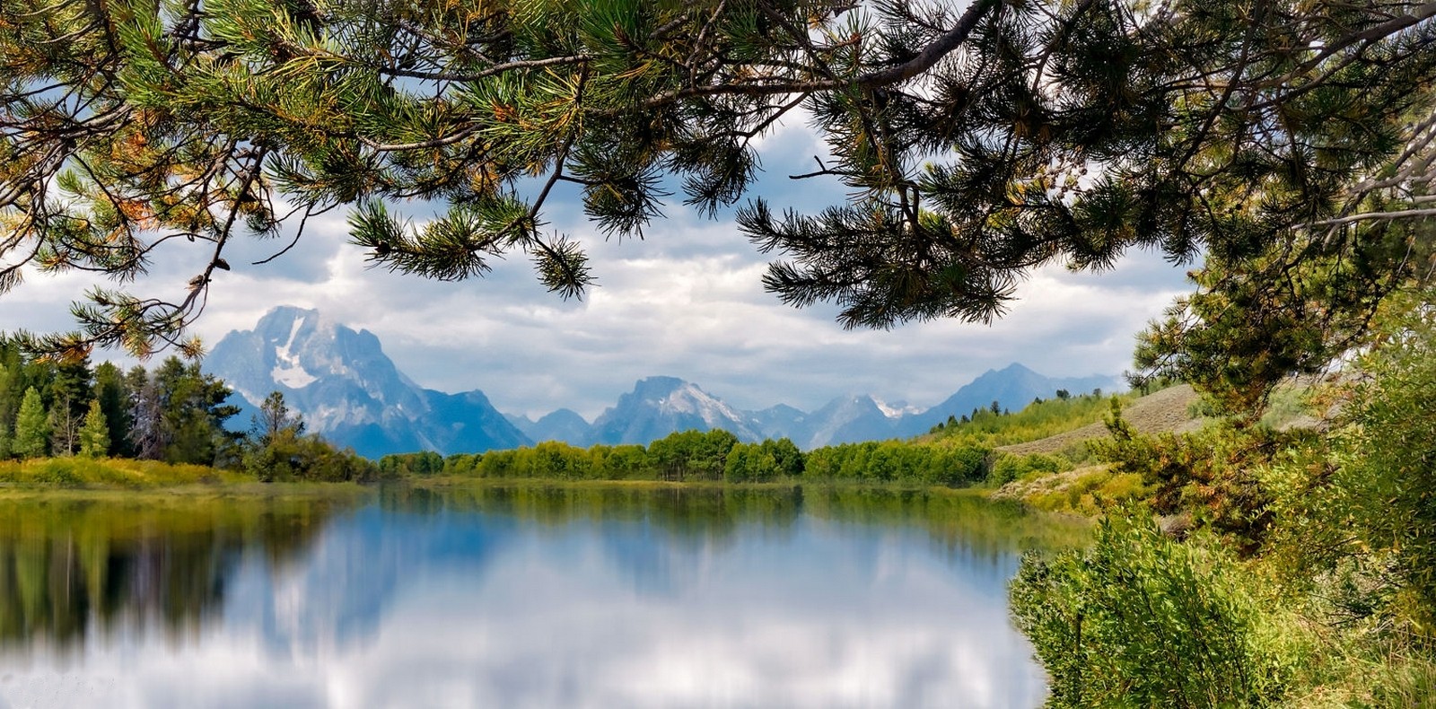 Nature Landscape Photography River Mountains Shrubs Trees Clouds Grand Teton National Park Wyoming 1600x790