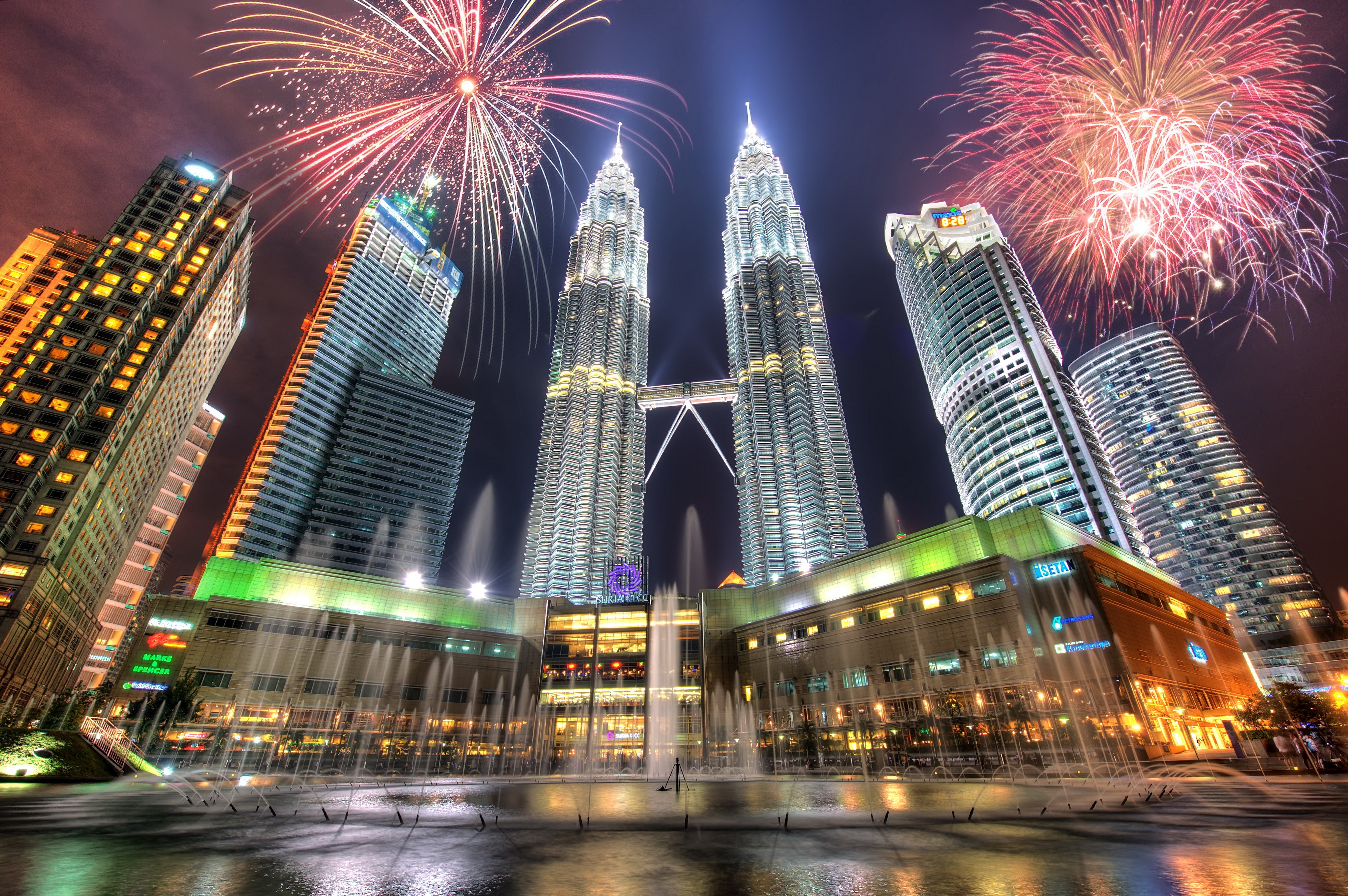 Petronas Towers Kuala Lumpur Malaysia Cityscape Fireworks 4000x2658