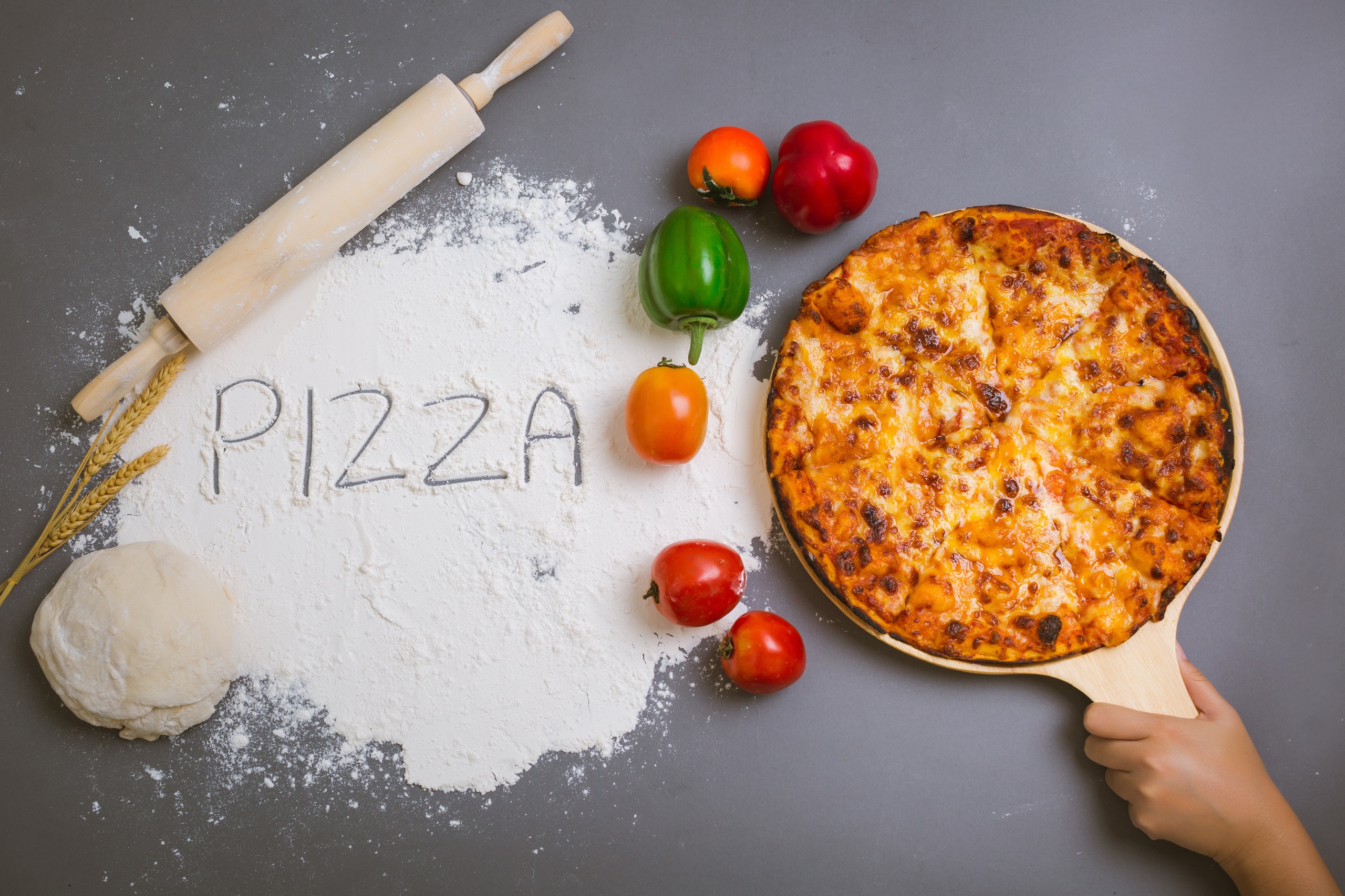 Pizza Food Vegetables Tomatoes Peppers Flour Wheat Rolling Pin 2560x1707