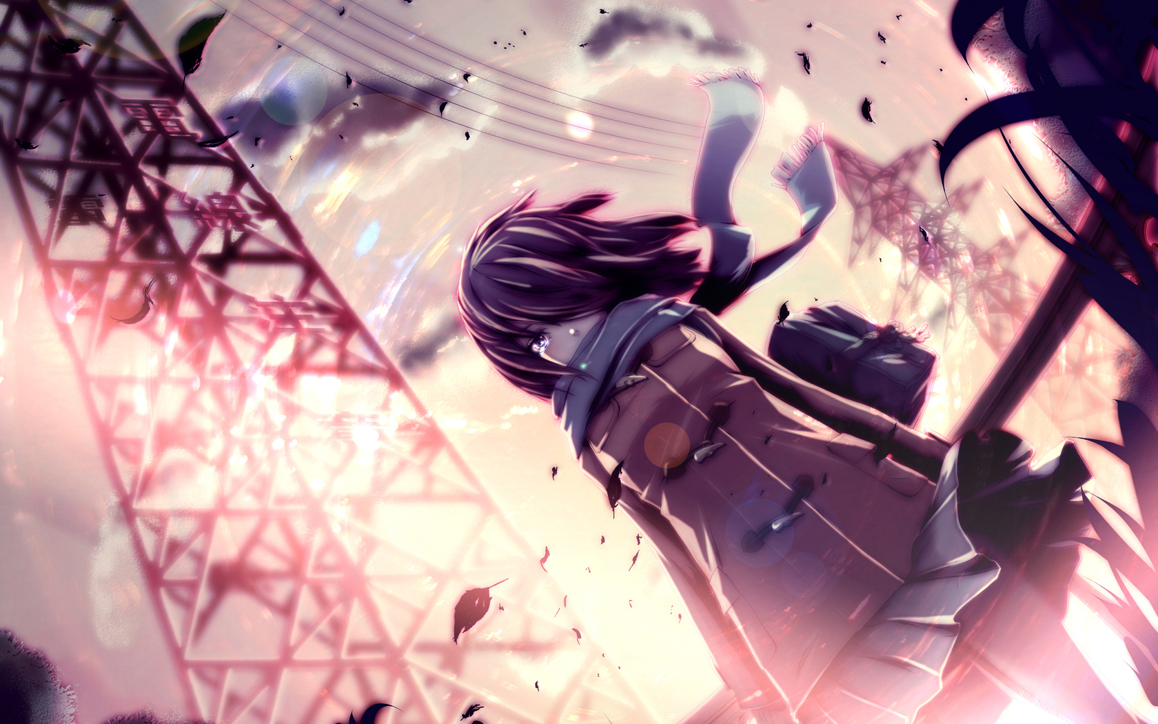 Anime Anime Girls Powerlines Windy 1680x1050