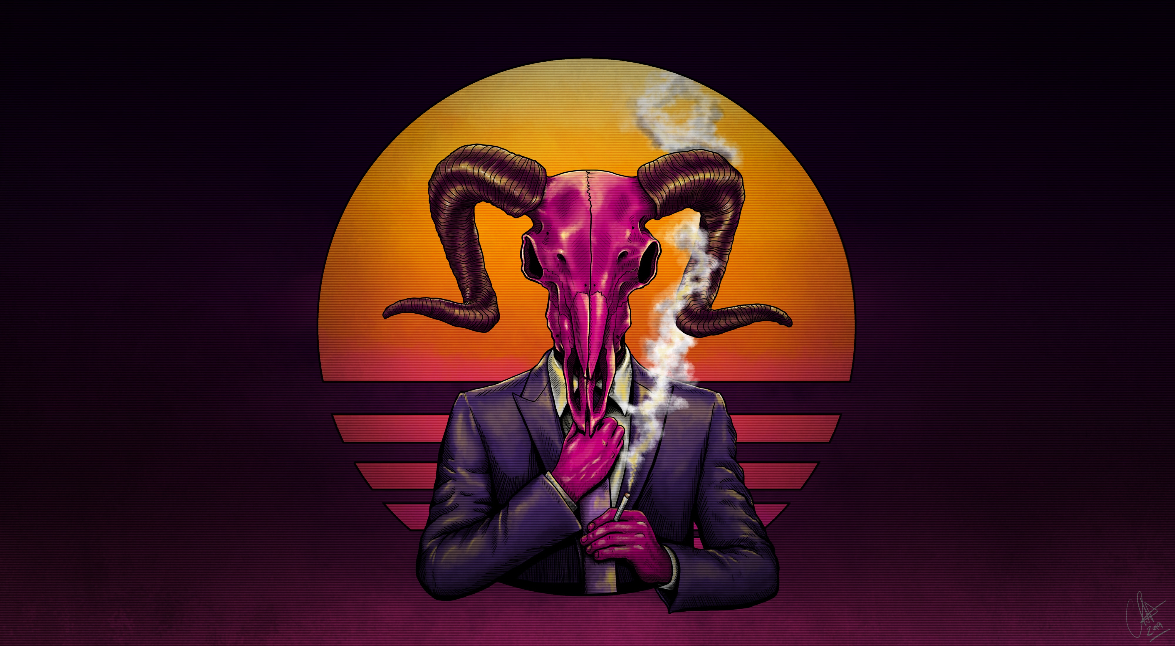 Devil Skull Artwork Smoking Cigarettes Horns Magenta 4000x2200