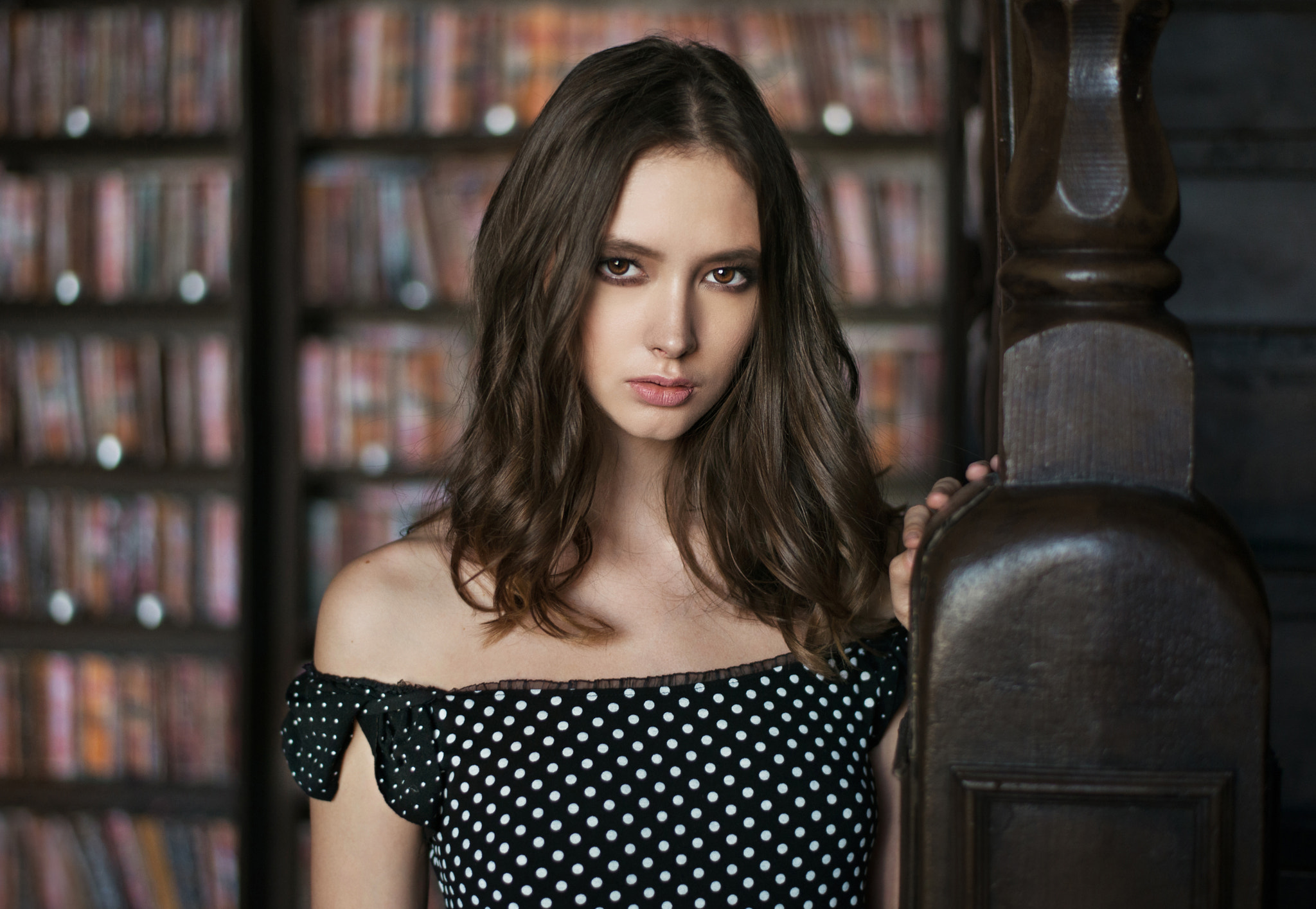 Women Maxim Maximov Portrait Bare Shoulders Brunette Brown Eyes Looking At Viewer Polka Dots Library 2048x1415