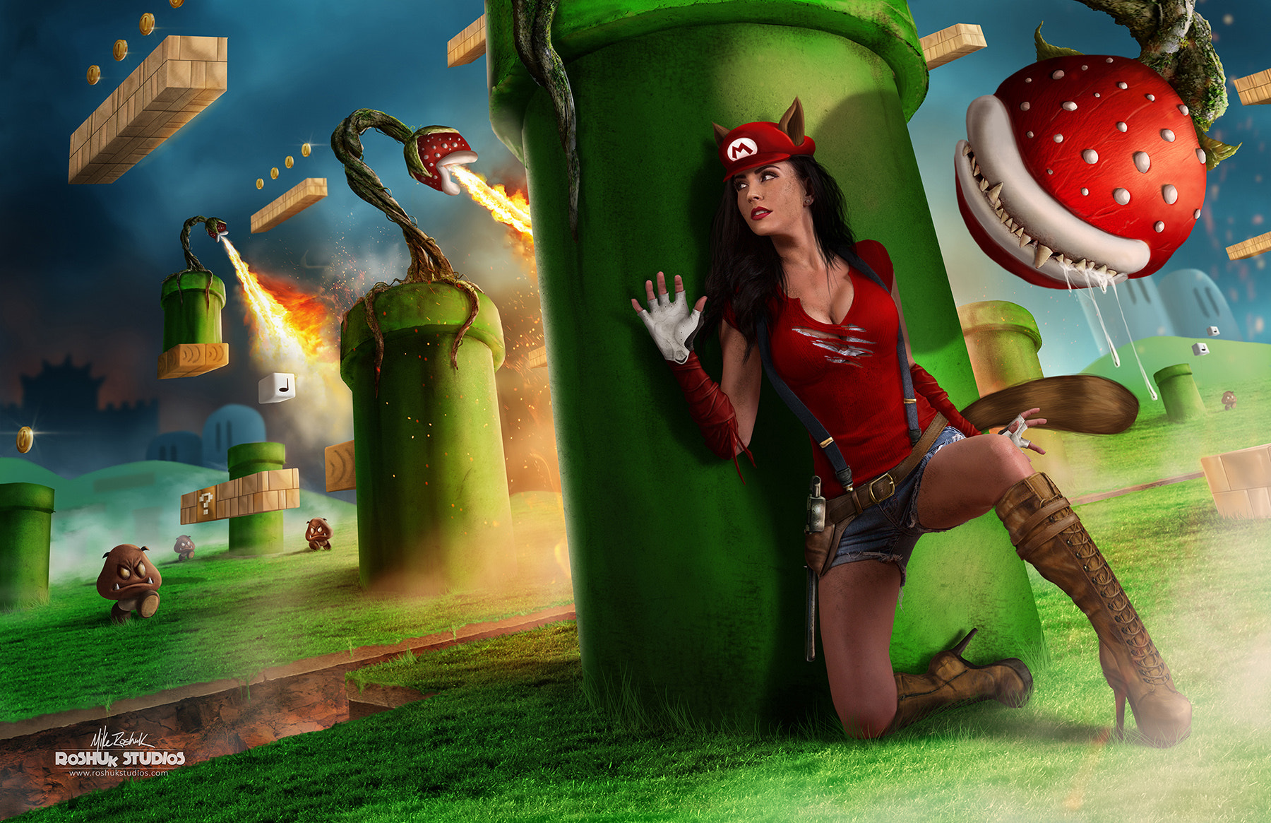 Super Mario Video Games Women Model Digital Art 500px Mike Roshuk Cosplay Ripped Clothes 1800x1165
