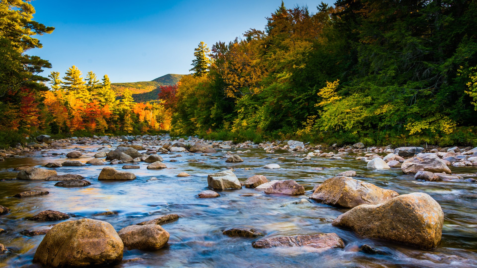 Nature Landscape Sky Trees Forest Rocks River Fall Mountains Clear Sky White Mountains New Hampshire 1920x1080