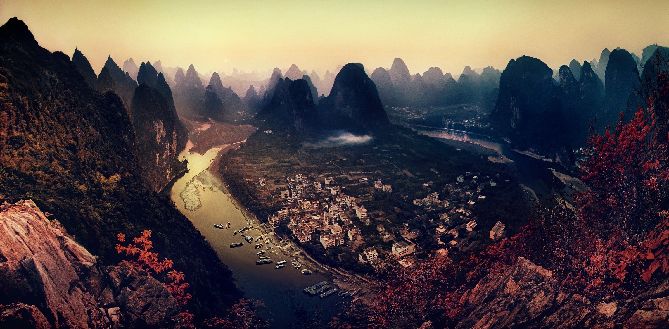 Mountains Cityscape River Fall Field Forest Mist Sunset China Building Nature Panoramas Landscape 2289x1125