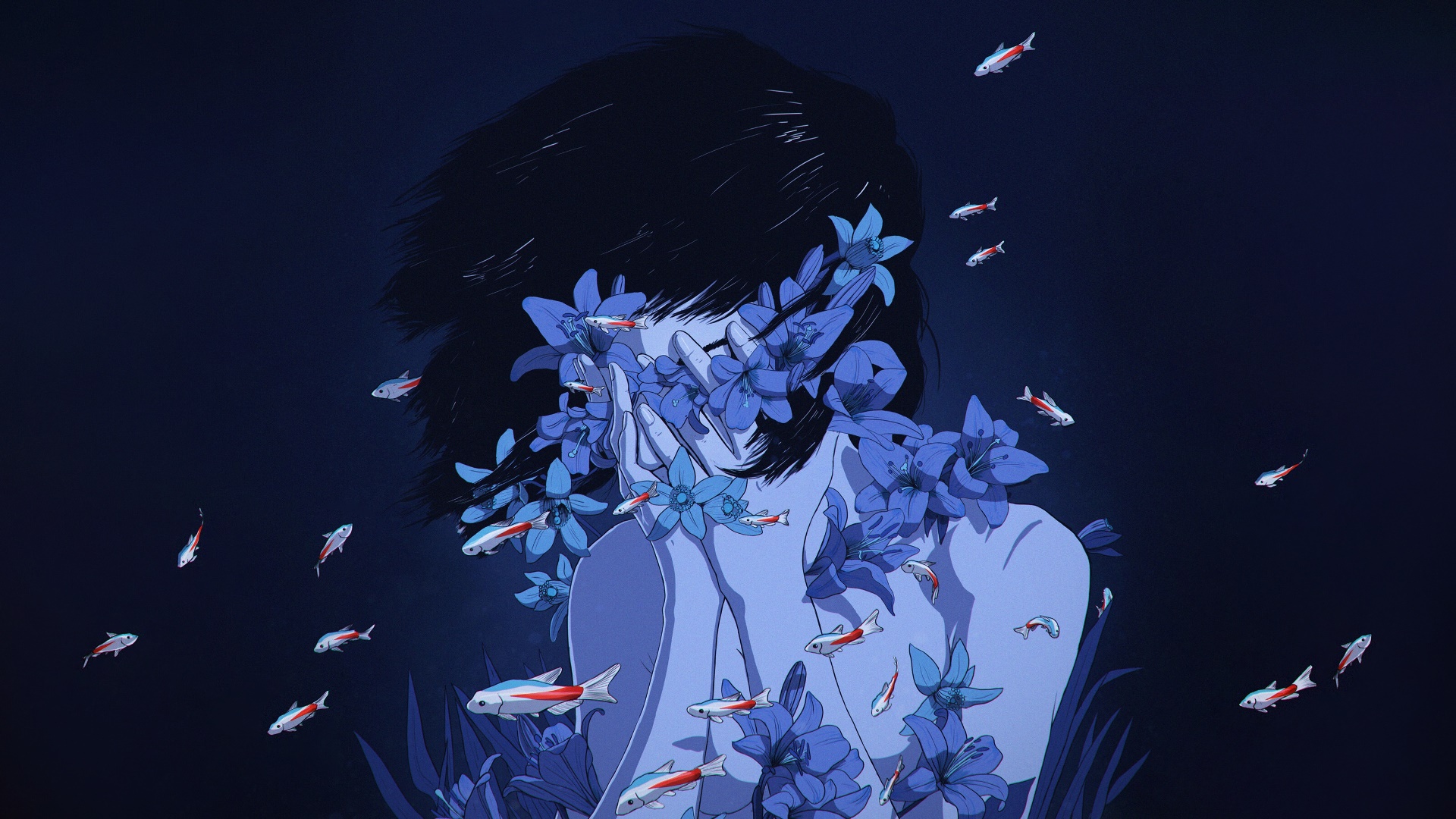 Blue Fish Anime Anime Girls Flowers Dark Hair Perfect Blue 1920x1080