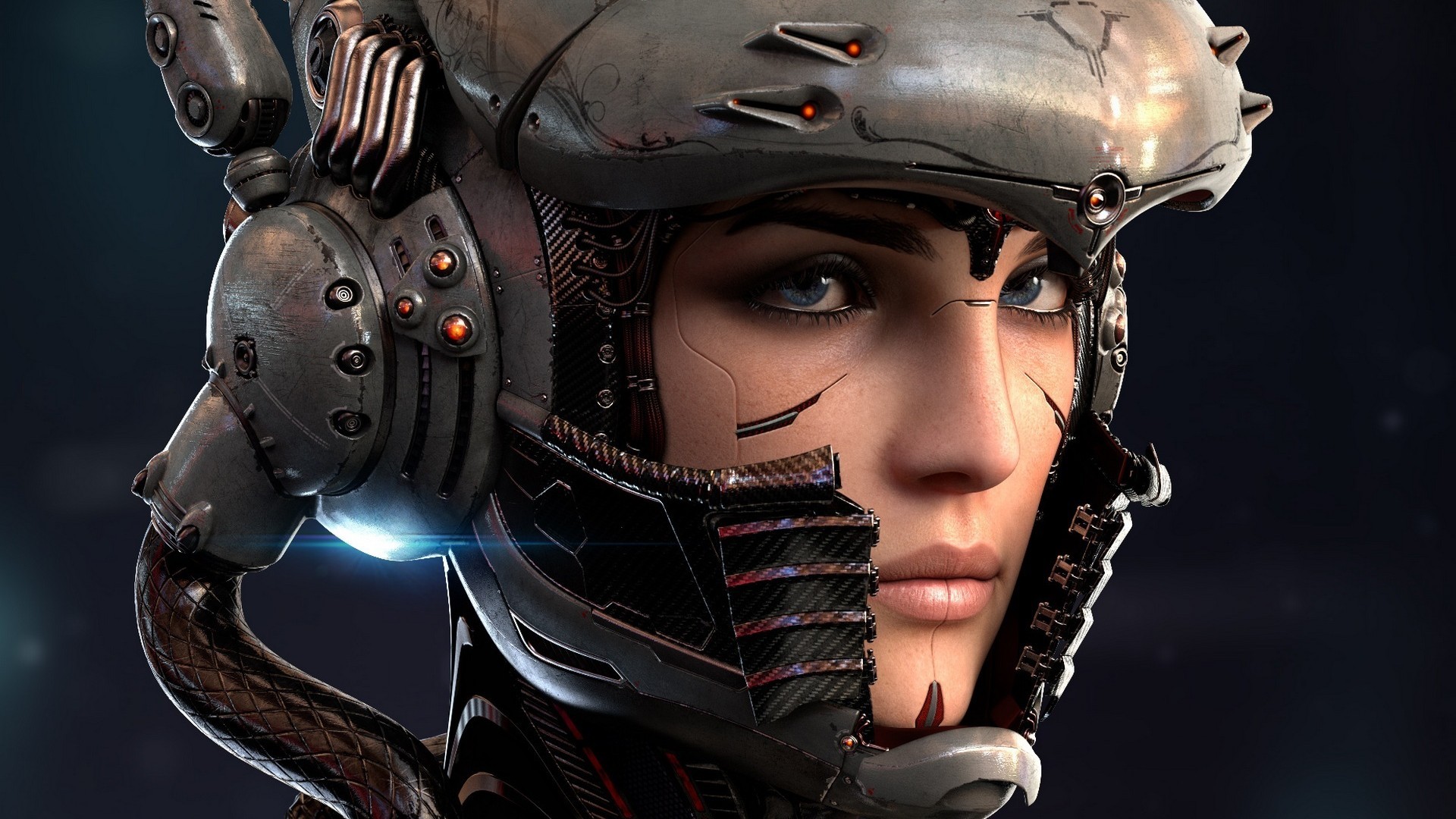 Digital Art Robot Women Face Blue Eyes Cyborg Technology Helmet Wires Lights Bionics 1920x1080