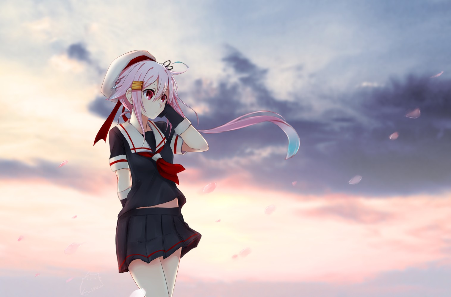 Harusame KanColle Kantai Collection Long Hair Ribbon Flower Petals Sky Clouds Anime Anime Girls Pink 1516x1000