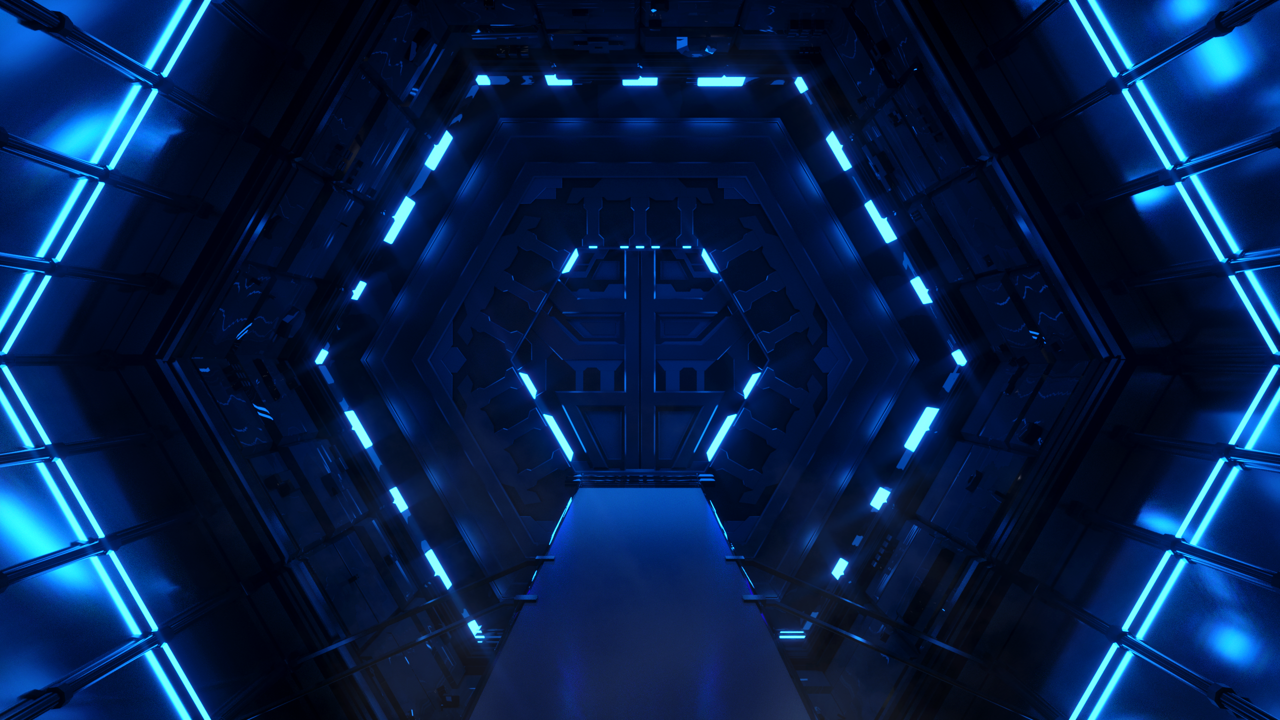 Space Tunnel Shining Neon 3D Abstract Glowing Octagons Polygon Art Spaceship 2560x1440