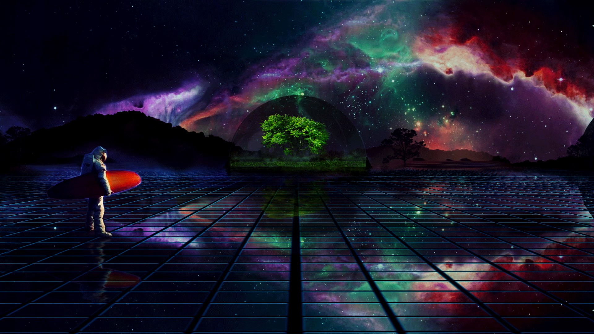 Space Trees Astronaut Surfboards Photo Manipulation Landscape 1920x1080