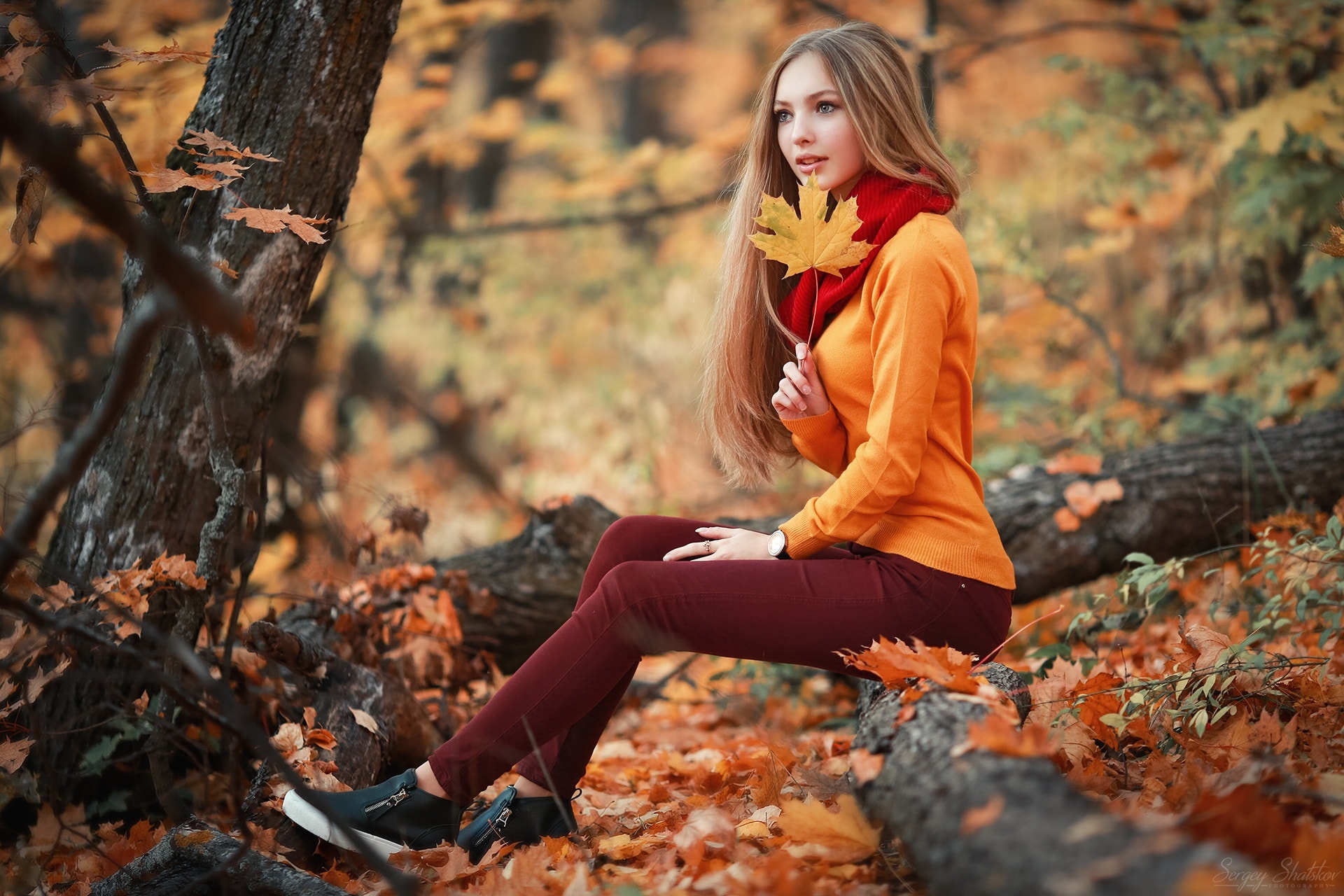 Women Model Fall Blonde Leaves Scarf Forest Yellow Sweater Red Pants Women Outdoors 1920x1280
