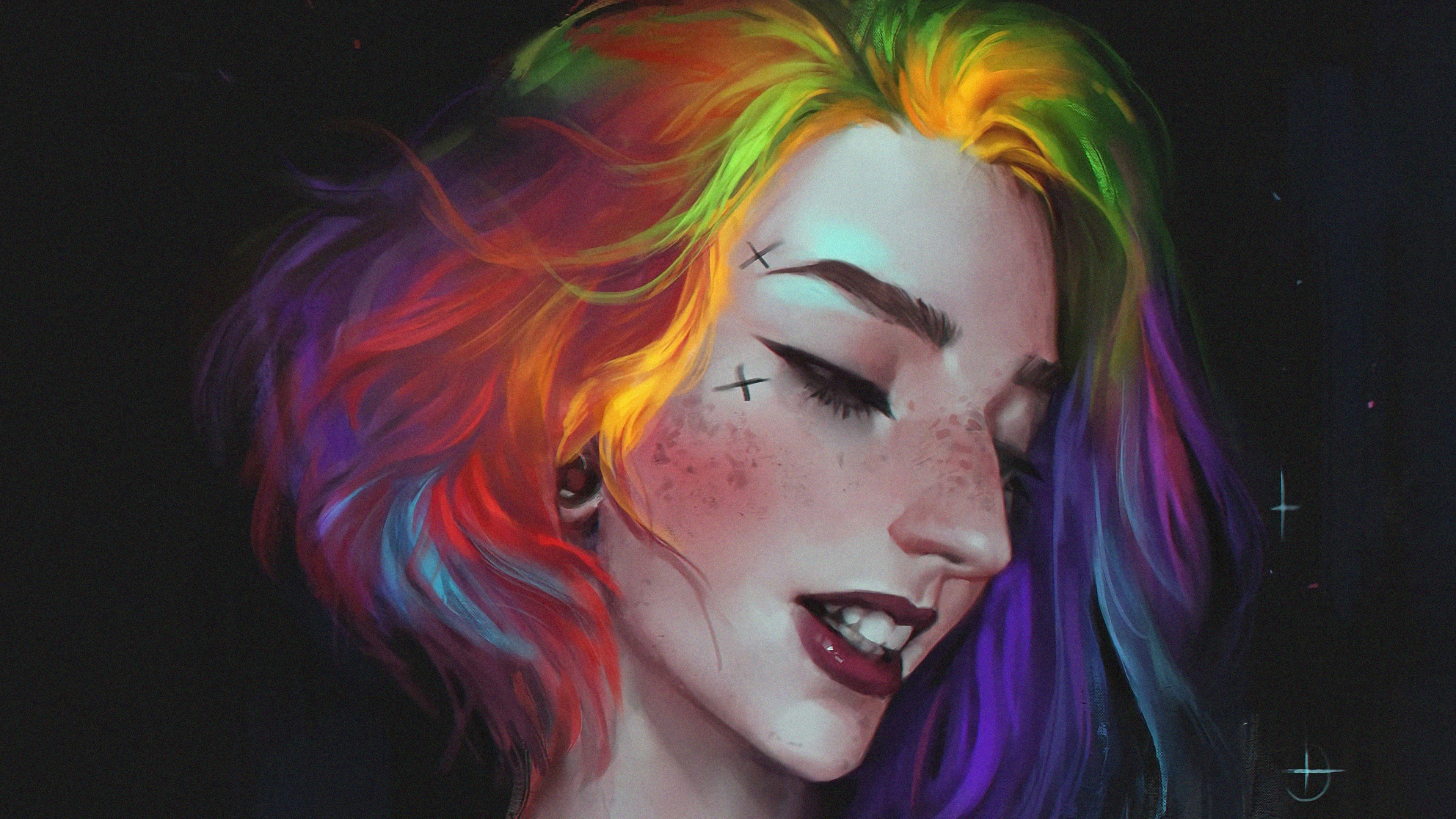 Digital Digital Art Illustration Artwork Drawing Digital Painting Women Portrait Rainbow Hair Dark B 3840x2160