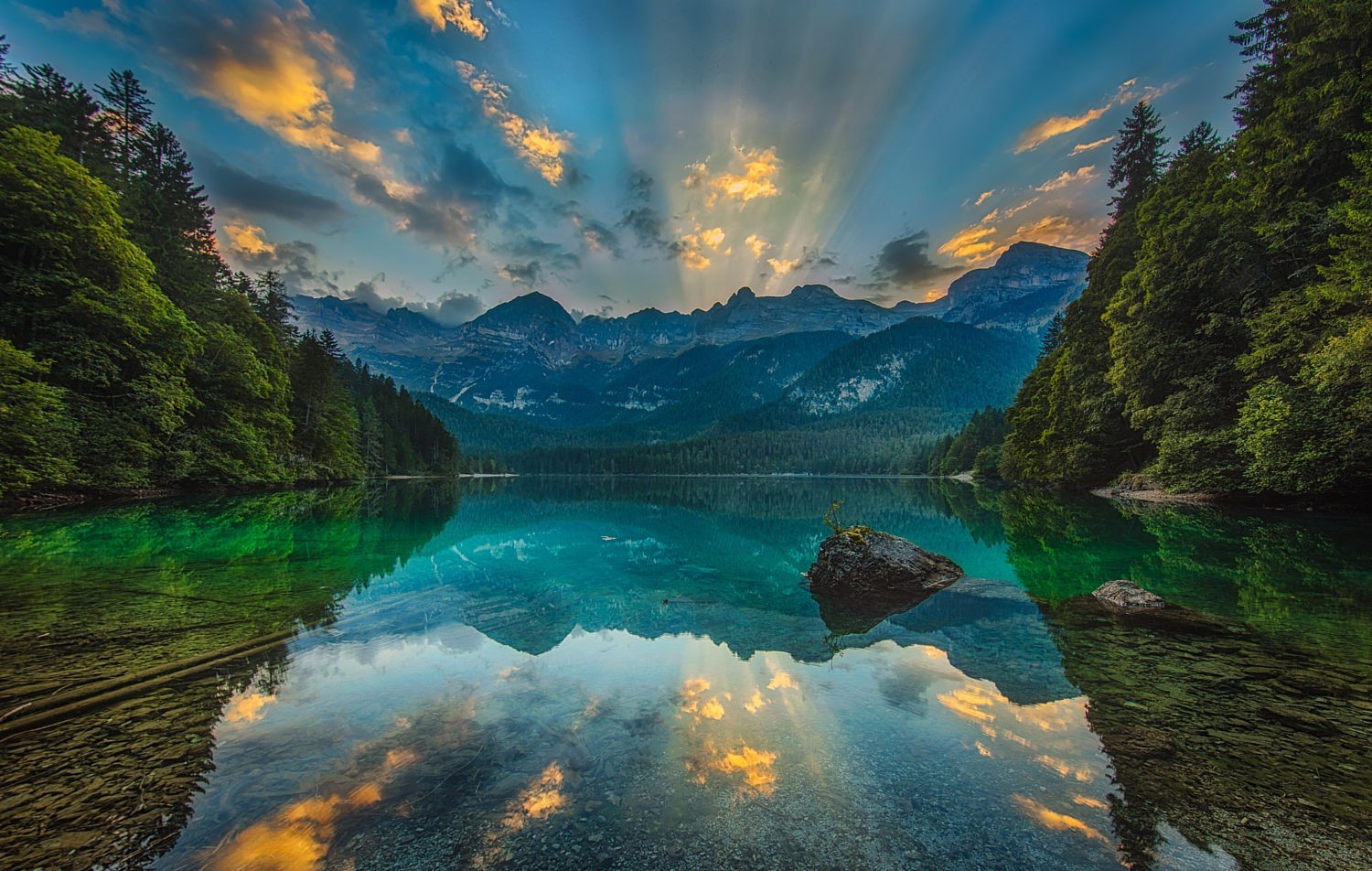 Photography Nature Landscape Lake Calm Waters Sunset Reflection Sun Rays Forest Mountains Dolomites  1500x952