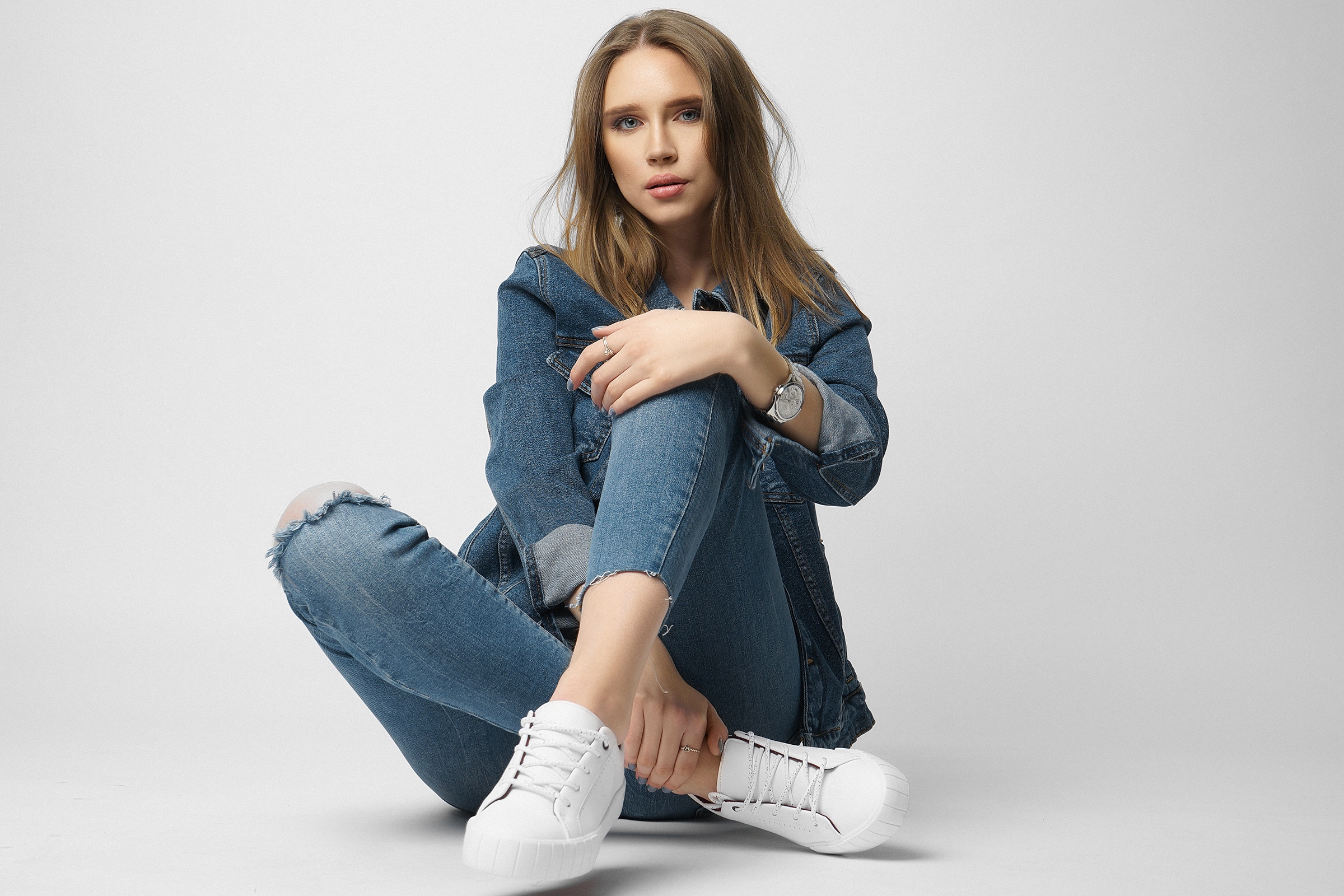 Women Model Nikolay Khvatov Sitting Simple Background Brunette Jeans Sneakers Jean Jacket 2400x1600