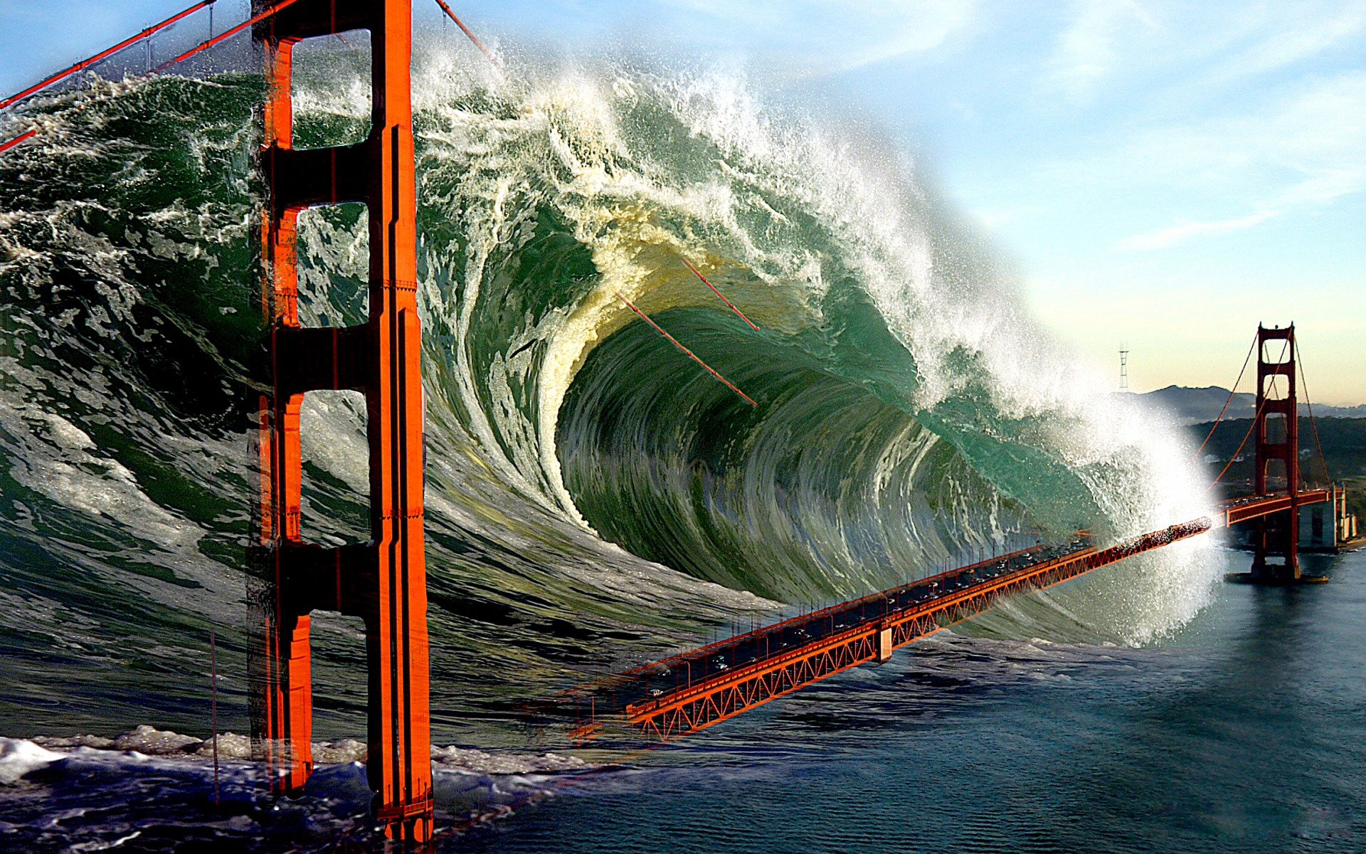 Sci Fi Apocalypse Apocalyptic Golden Gate Tsunami Wave 1920x1200