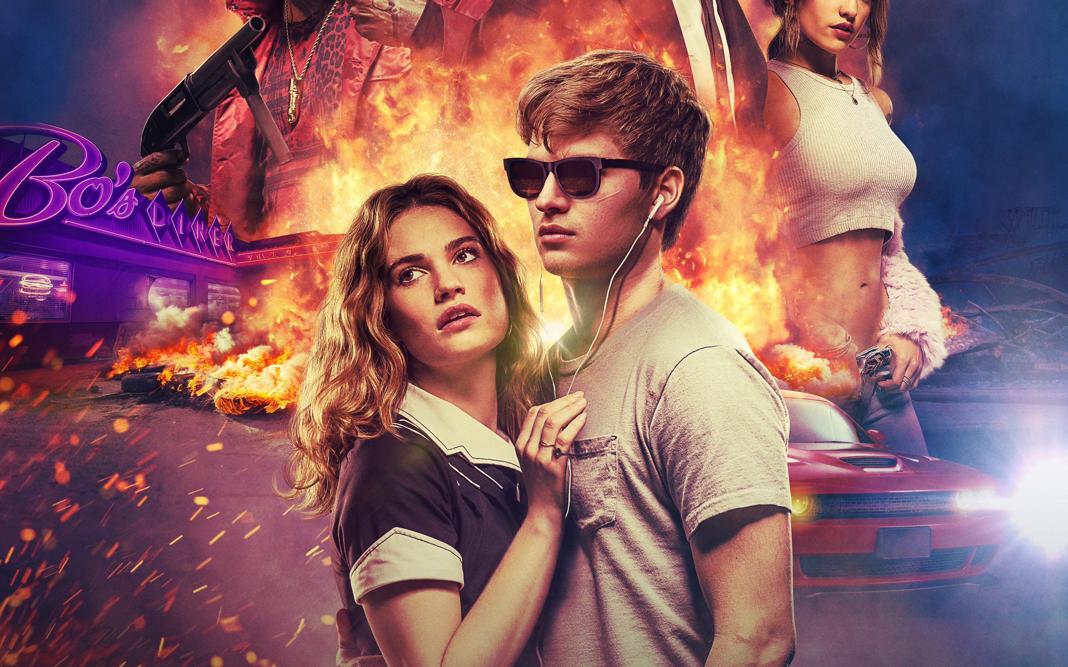 Movies Edgar Wright Baby Driver Car OutRun Ansel Elgort Lily James Eiza Gonzalez 3488x2180