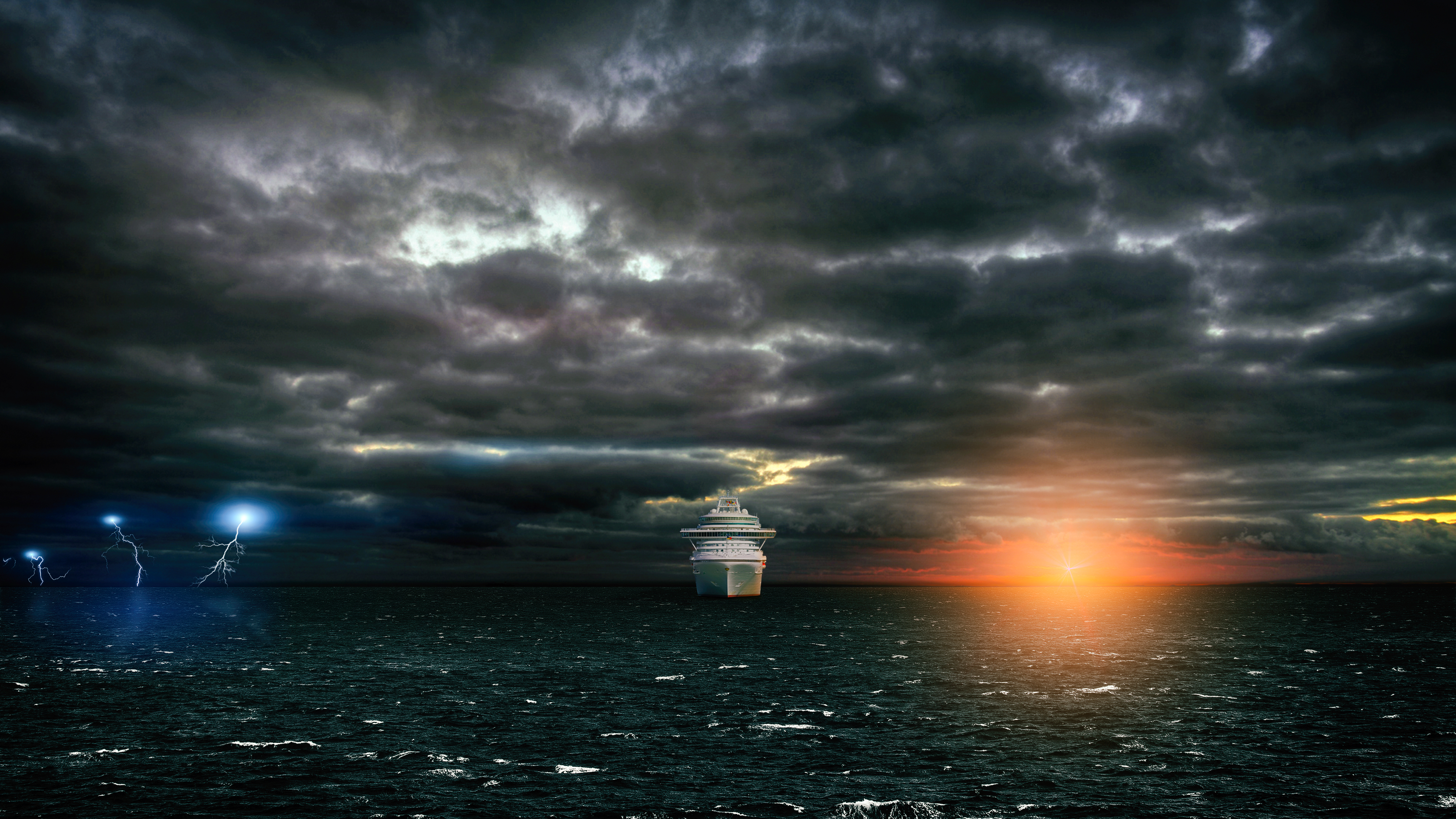 Ship Pacific Ocean Sea Sun Rays Lightning Clouds Rendering Landscape Photoshop Digital Art 3840x2160
