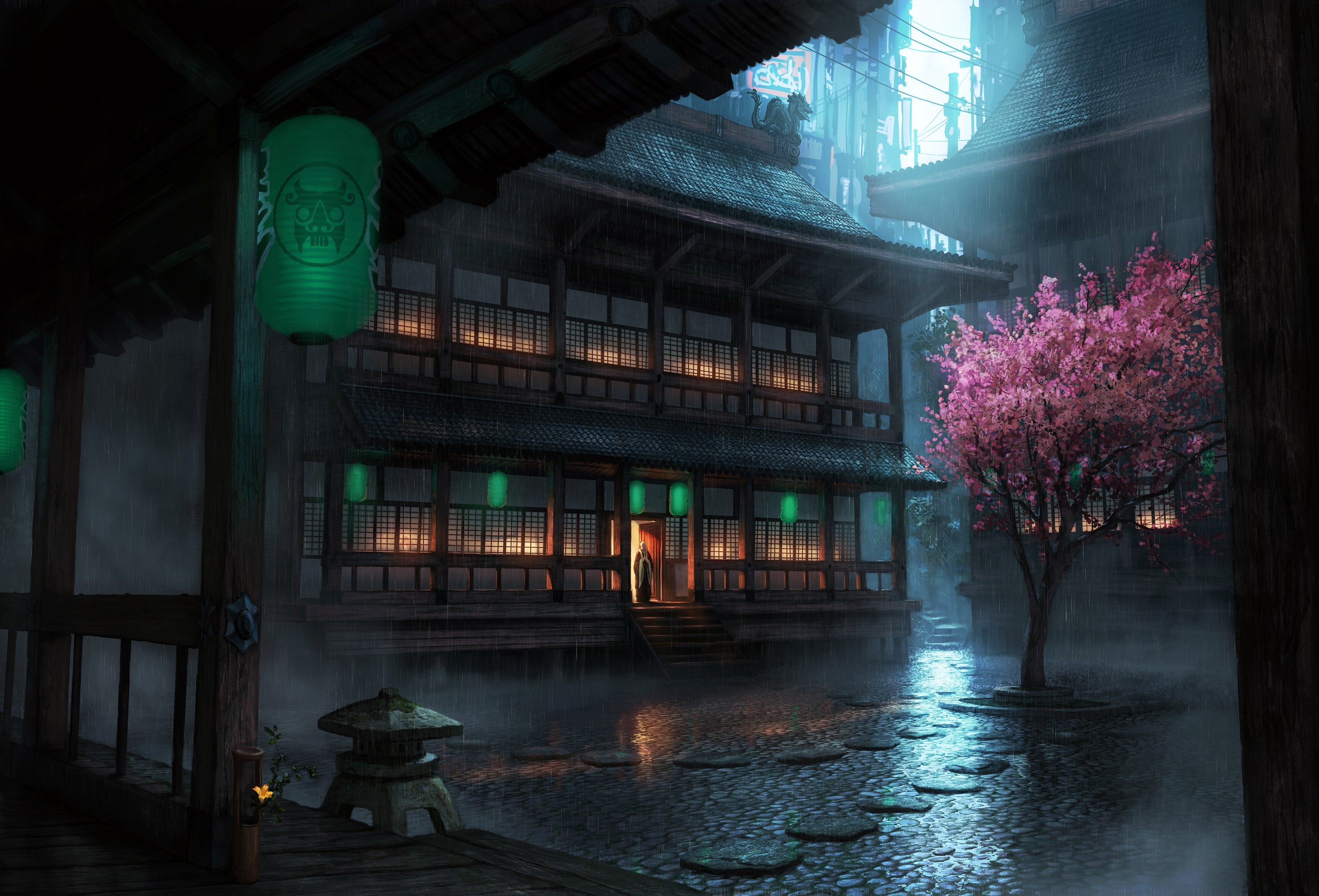 Rain Lantern Drawing Cherry Blossom Temple The Secret World Seoul 3000x2038