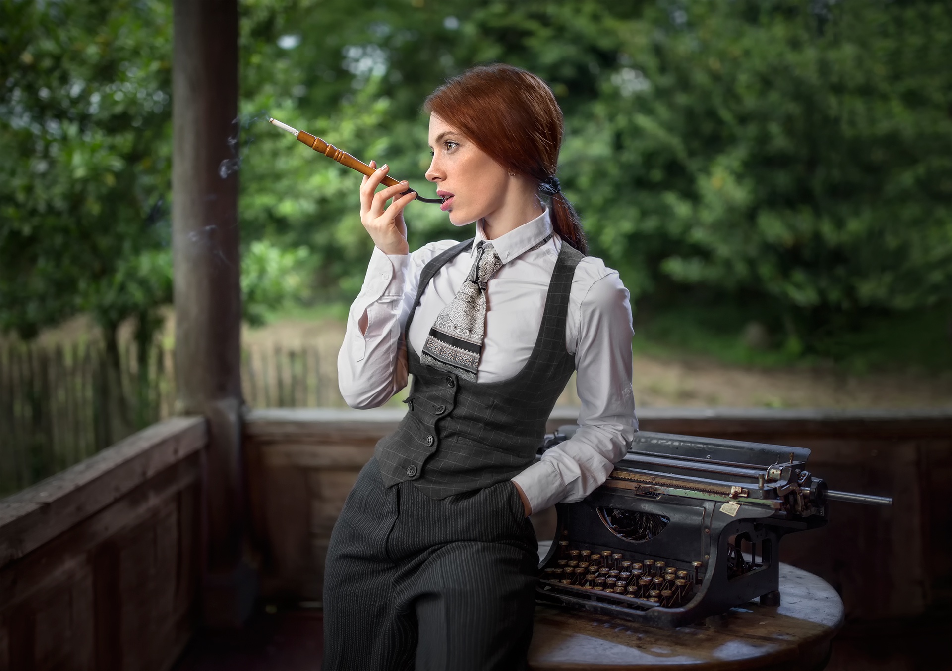 Women Smoking Typewriters Profile Redhead 1920x1354