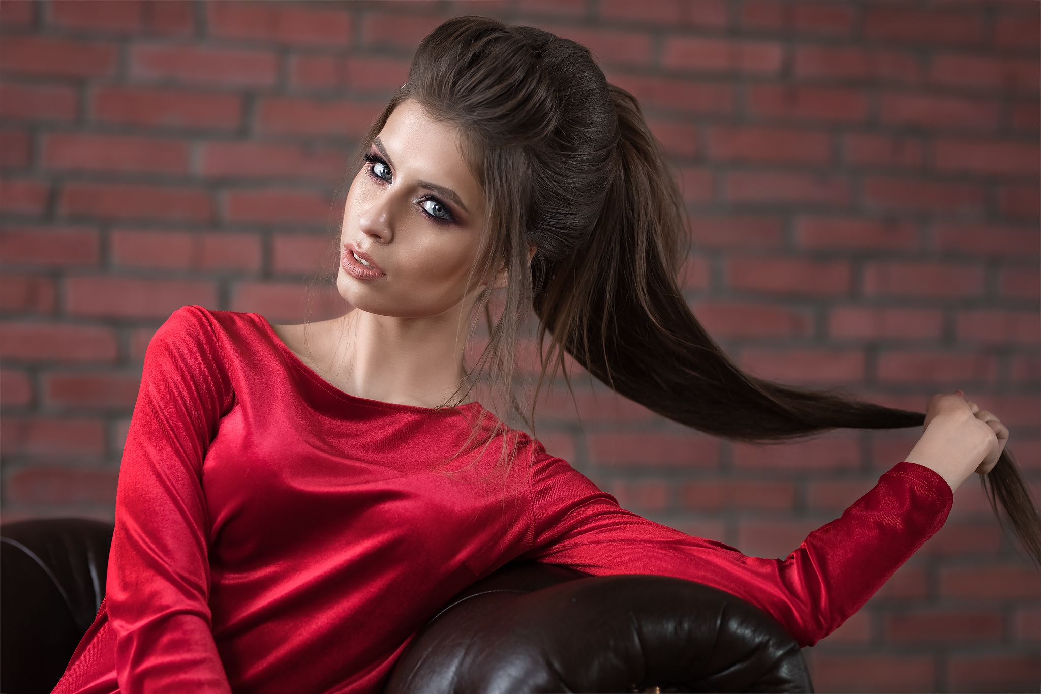 Women Model Brunette Dmitry Shulgin Elena Holding Hair Hair Pulling 2048x1365