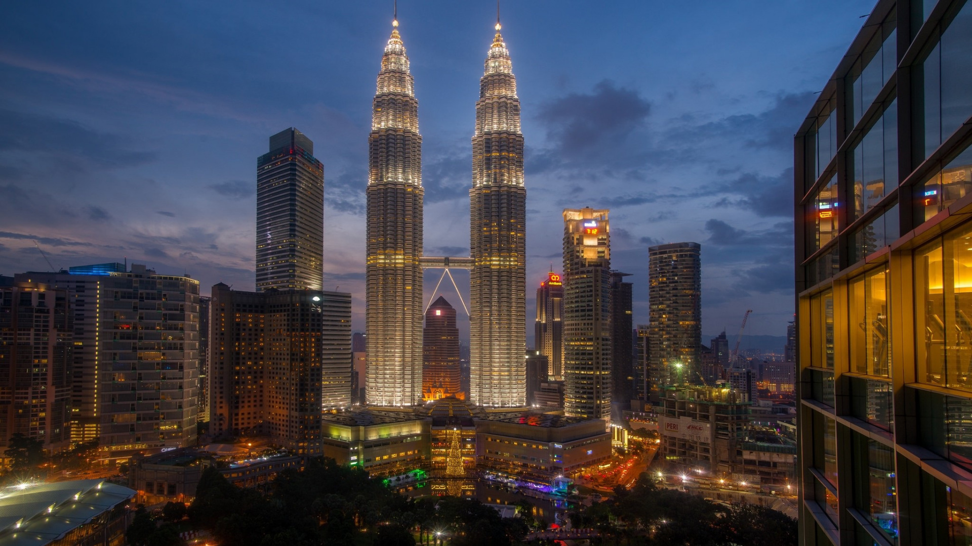 Architecture Building Night Petronas Towers Malaysia Kuala Lumpur Tower Cityscape Lights Clouds Tree 1920x1080