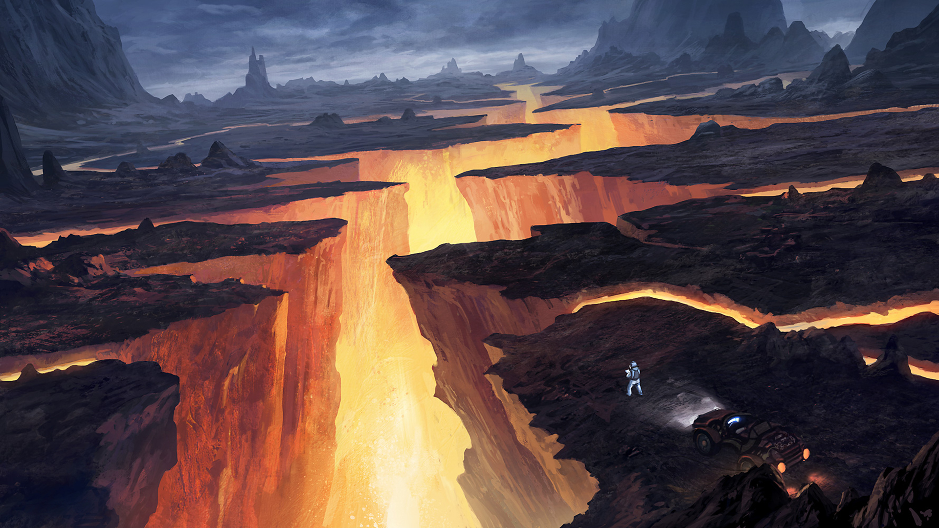Digital Art Painting Artwork Science Fiction Planet Andreas Rocha Lava Astronaut Rock 1920x1080