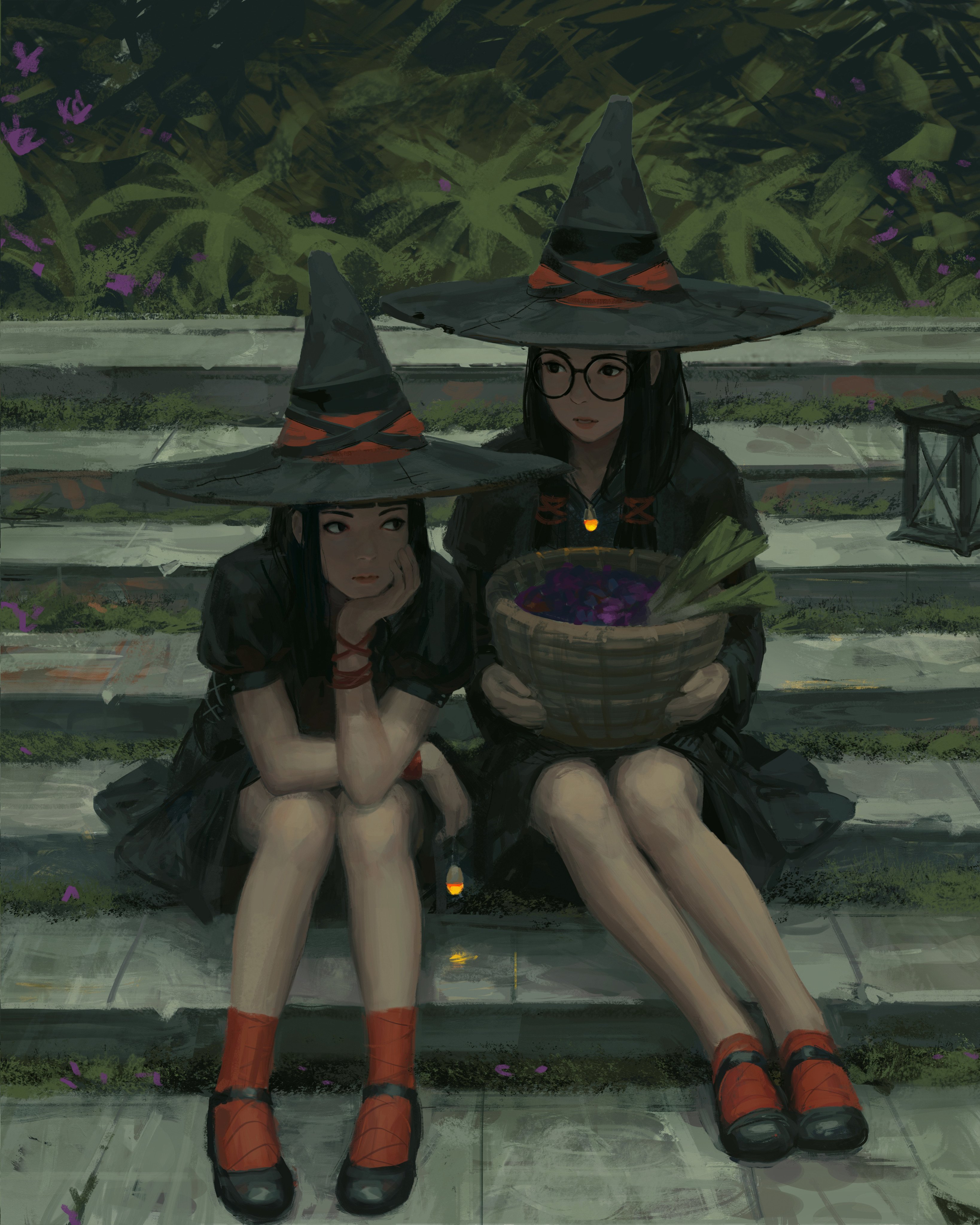 Original Characters Anime Girls 2D GUWEiZ Z W Gu Digital Art Witch Hat Women With Glasses Long Hair  3276x4096