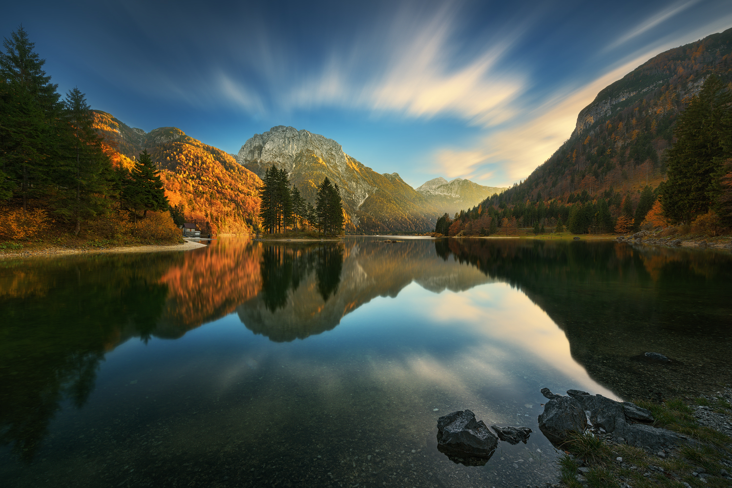 Landscape Nature Mountains Trees Forest Lake Mirrored Reflection Sky Clouds Horizon Rocks House Krzy 1499x1000