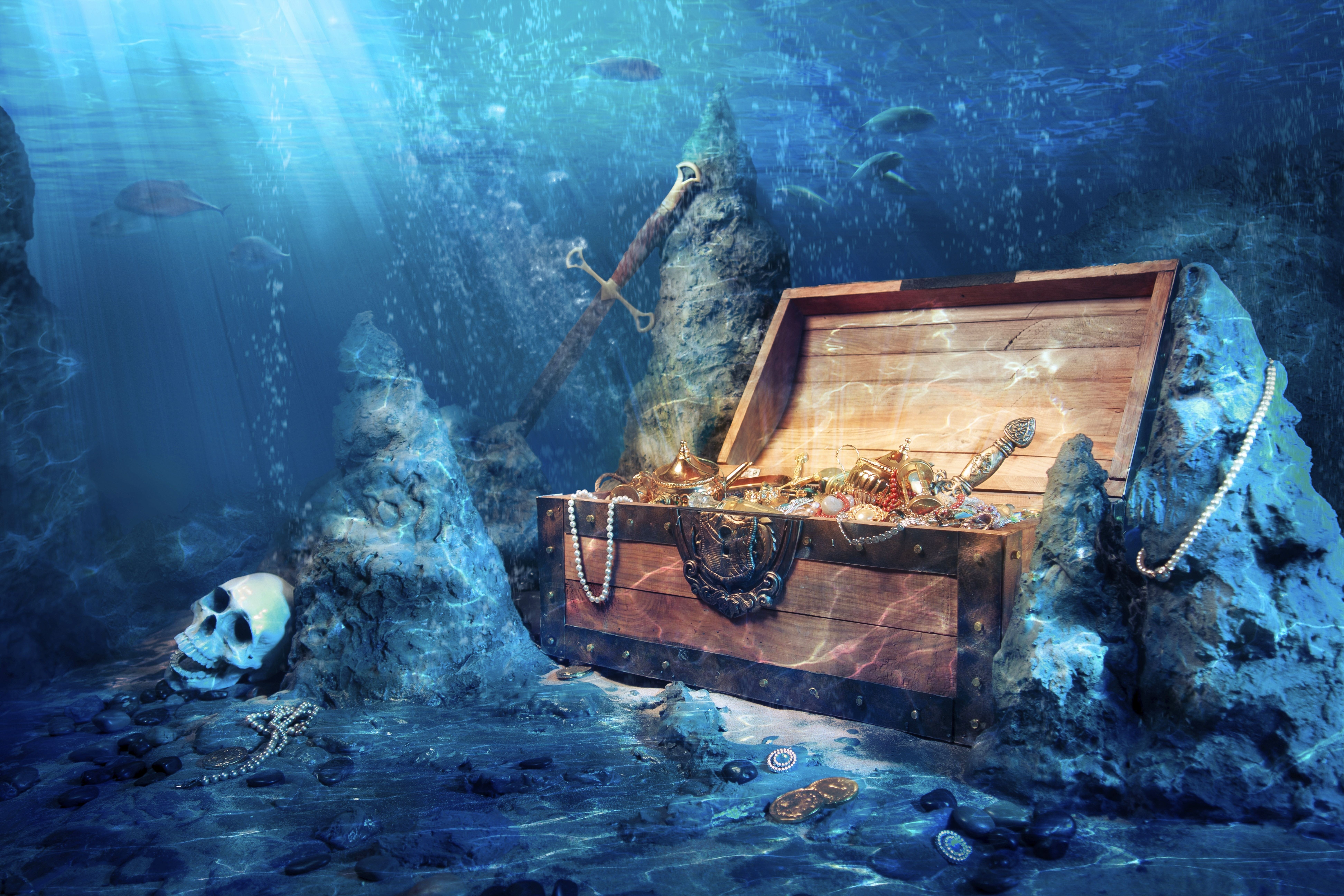 Fantasy Art Pirates Treasure Skull Underwater 7776x5184