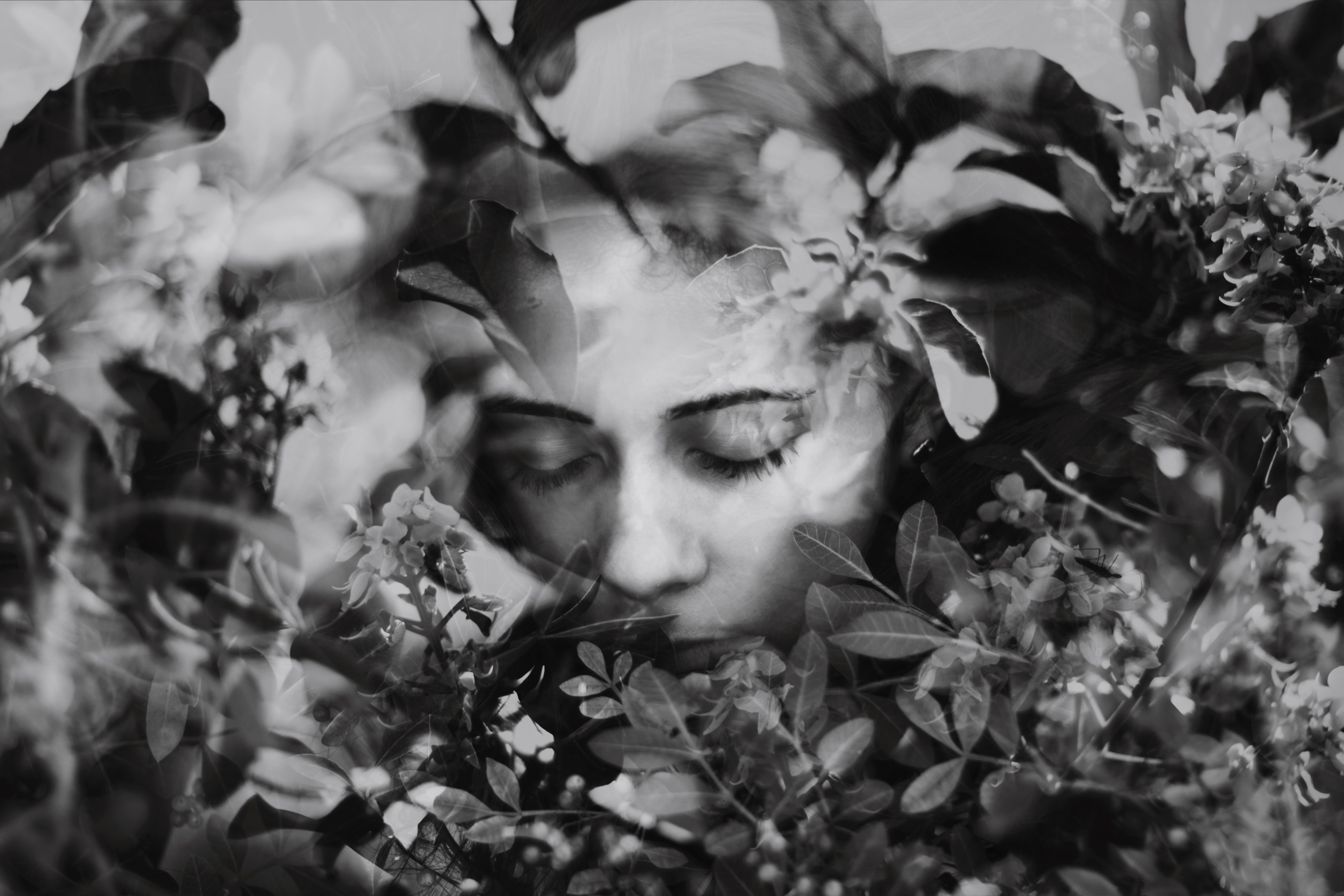 Women Monochrome Closed Eyes Portrait Plants Face Gray 5184x3456